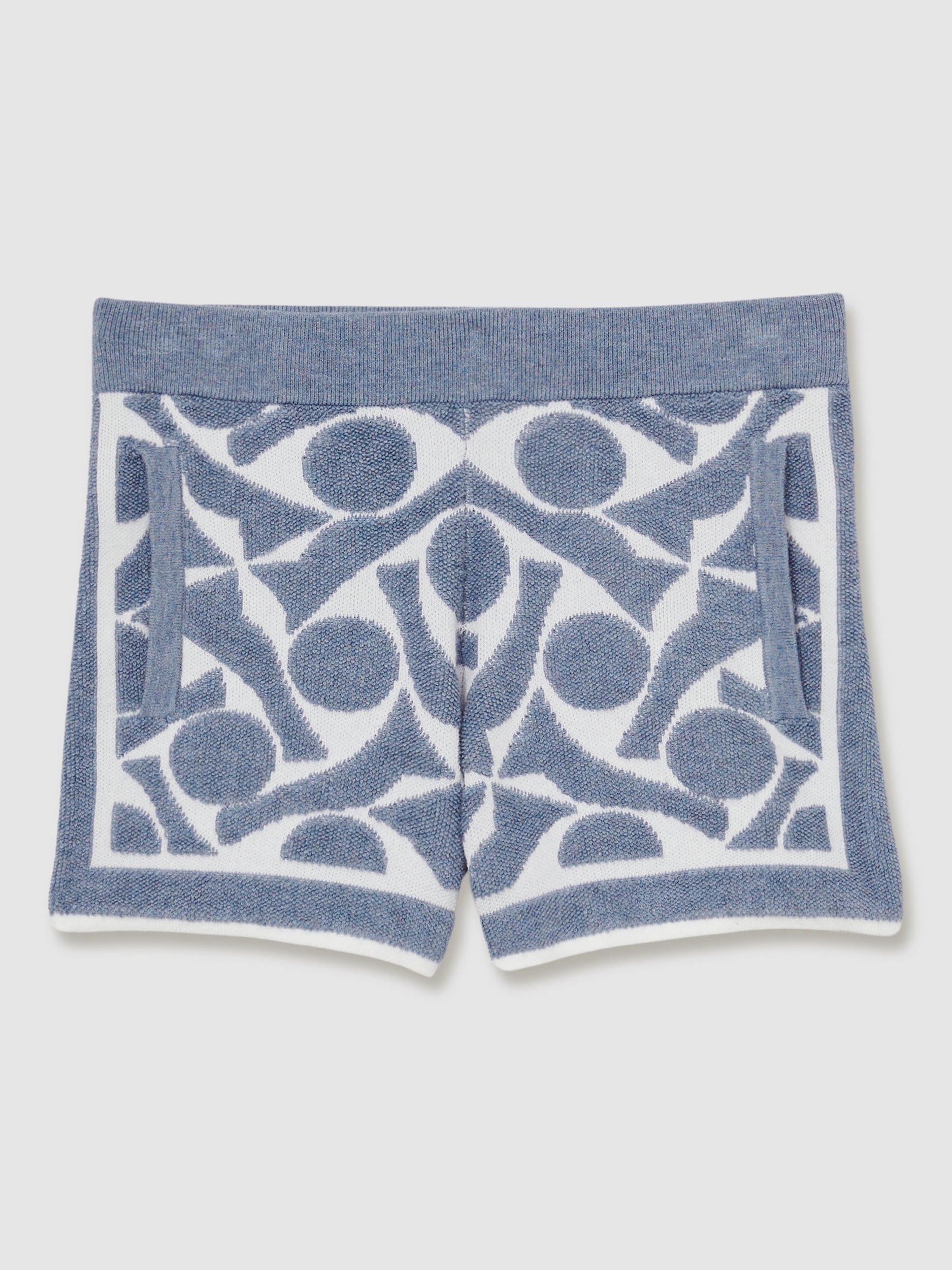 Product image 1 of 4, which shows Reiss Kids' Vounder Abstract Towelling Shorts, Soft Blue/White, 4-5 years