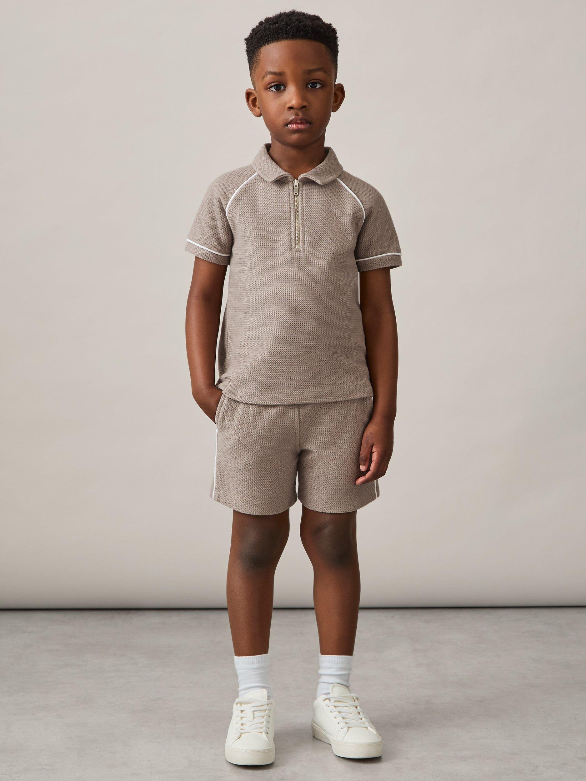 Reiss Kids' Lolland Textured Half Zip Polo Shirt, Mink Brown