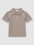 Reiss Kids' Lolland Textured Half Zip Polo Shirt, Mink Brown