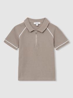 Reiss Kids' Lolland Textured Half Zip Polo Shirt, Mink Brown - view 2, Mink Brown