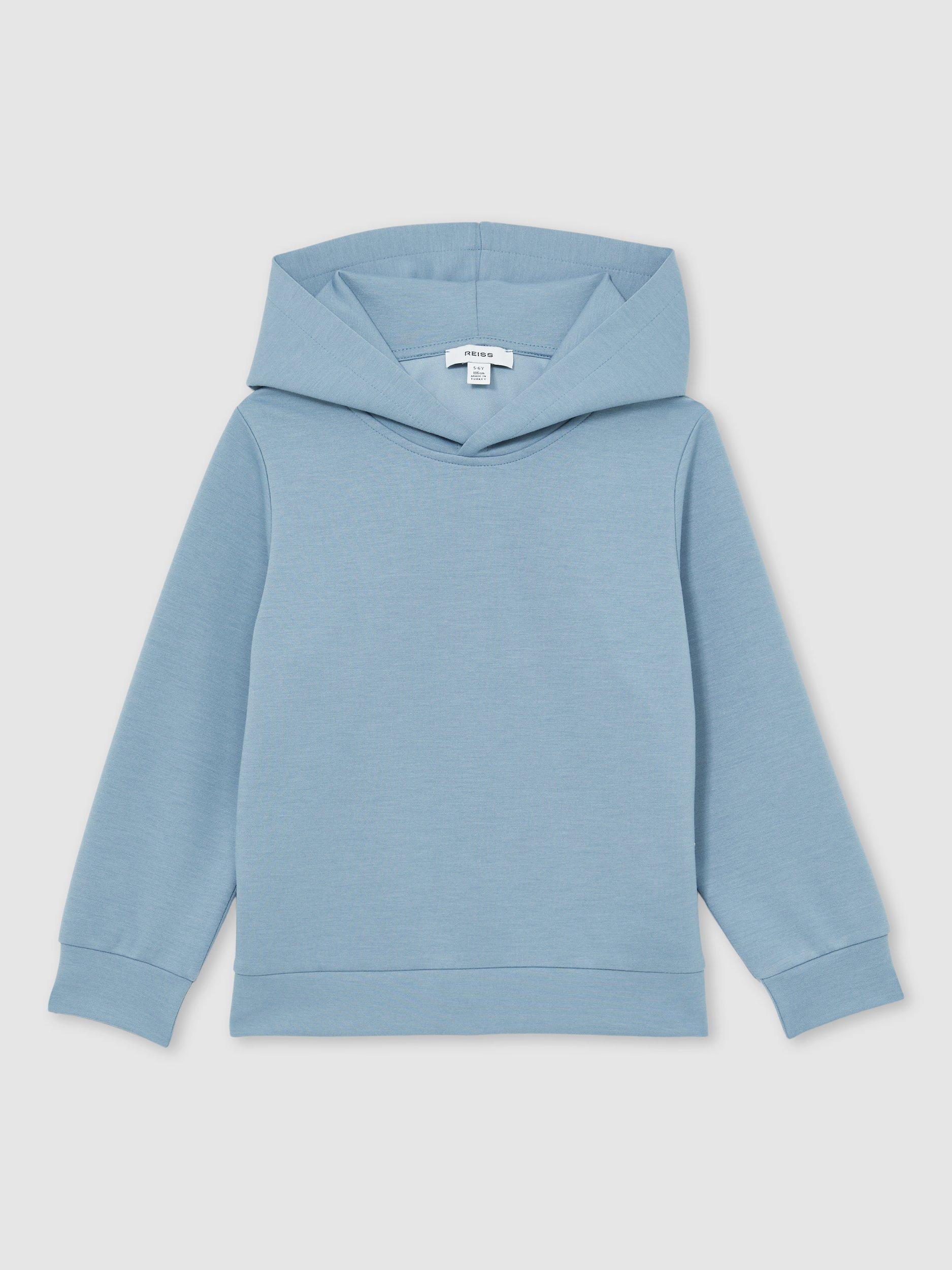 Reiss Kids' Fabien Interlock Jersey Hoodie, Soft Denim Blue
