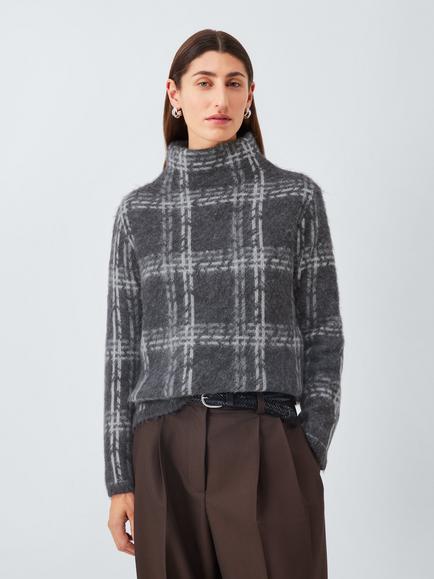 John Lewis Alpaca Wool Blend Brushed Check High Neck Jumper, Grey, Grey