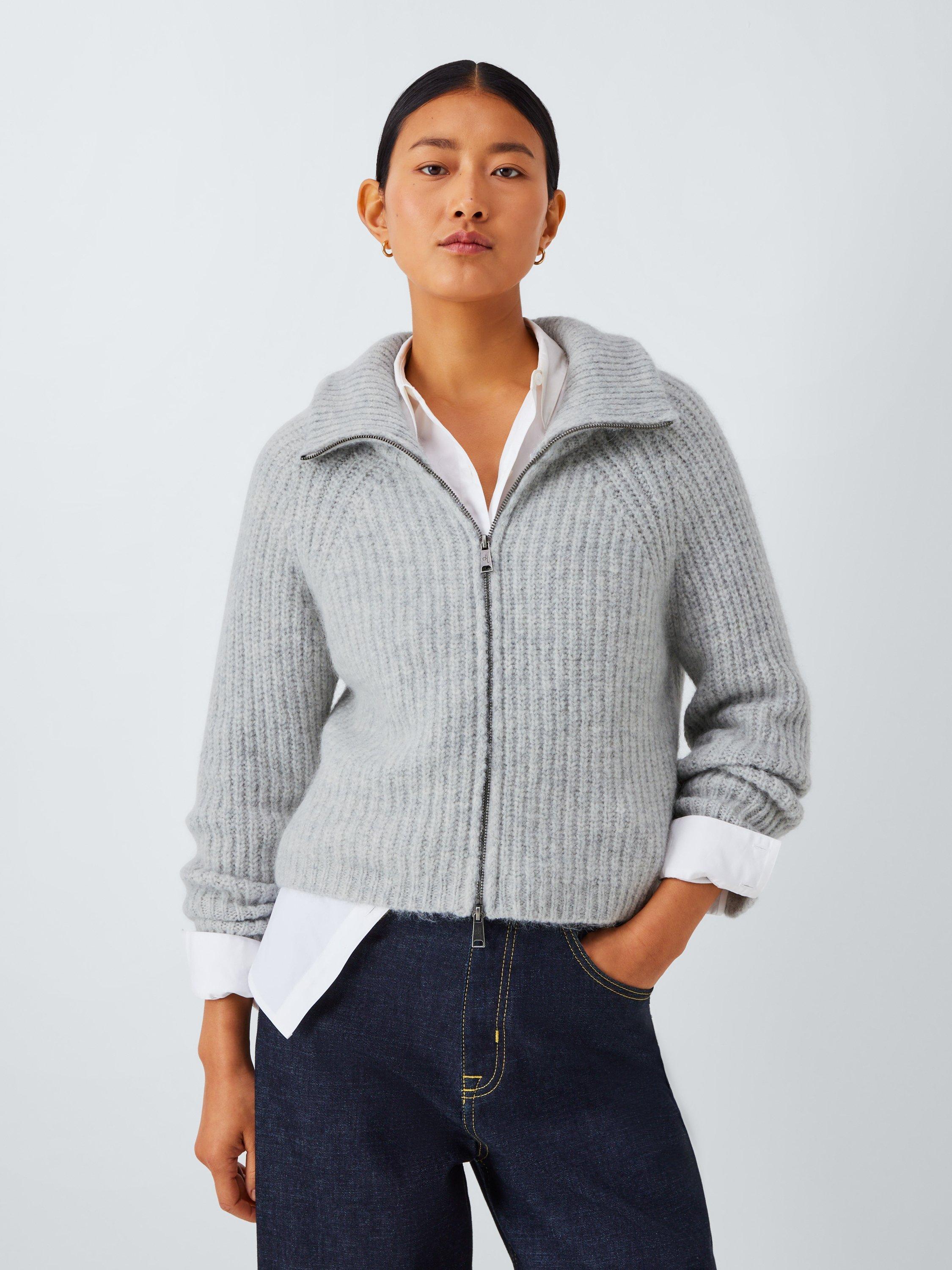 Product image 1 of 6, which shows John Lewis Alpaca Wool Blend Rib Knit Zip Through Jumper, Light Grey, 10