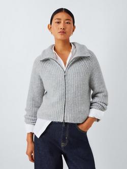 John Lewis Alpaca Wool Blend Rib Knit Zip Through Jumper, Light Grey