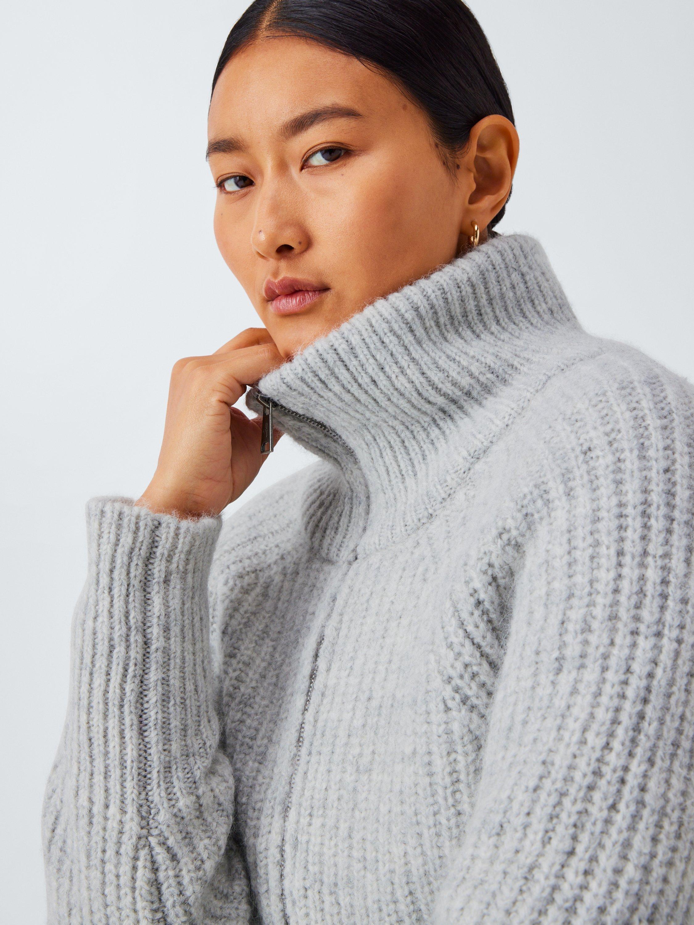 Product image 5 of 6, which shows John Lewis Alpaca Wool Blend Rib Knit Zip Through Jumper, Light Grey, 10