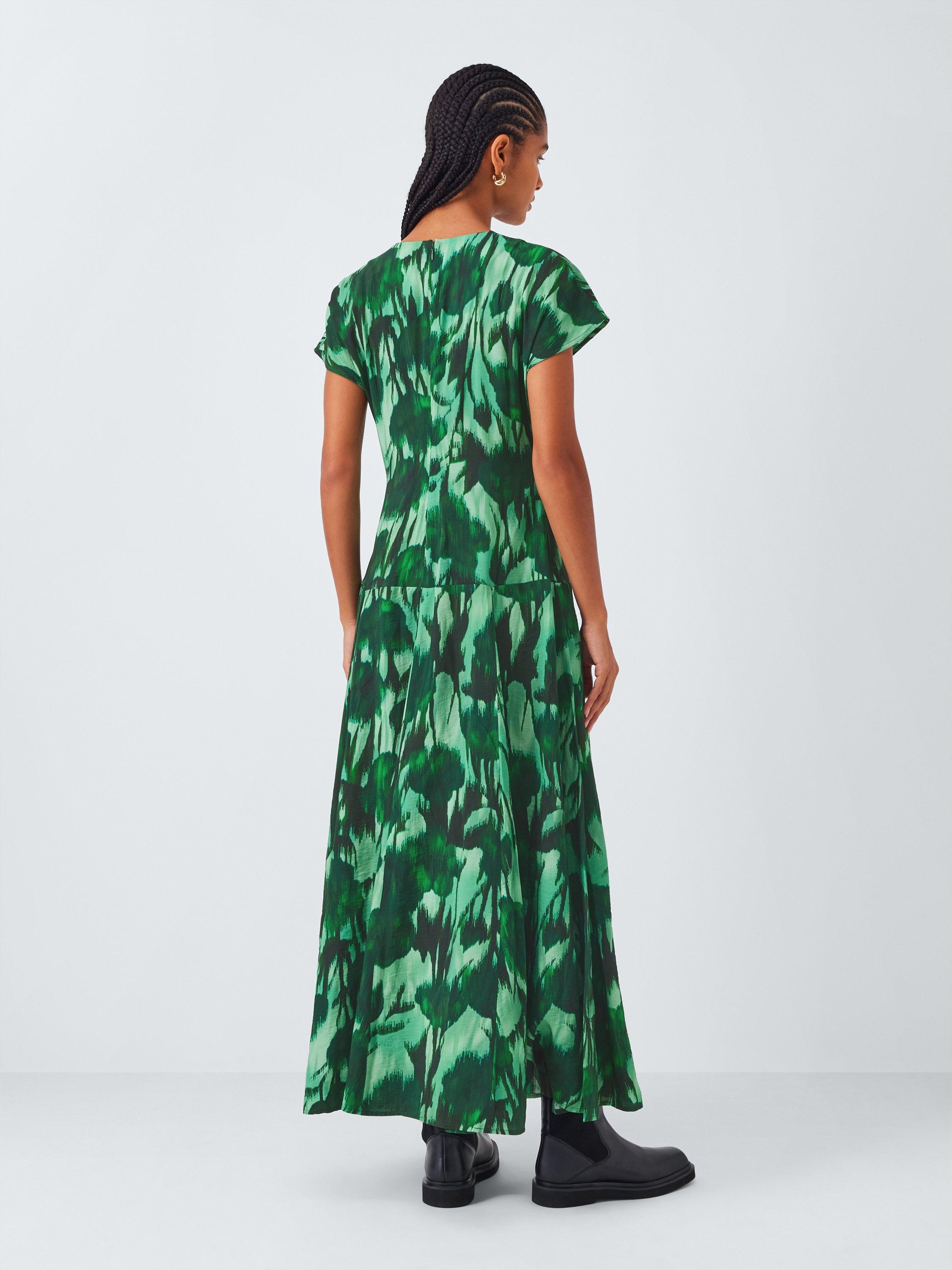 Product image 2 of 6, which shows John Lewis Short Sleeve Tie Neck Abstract Floral Maxi Dress, Green, 8