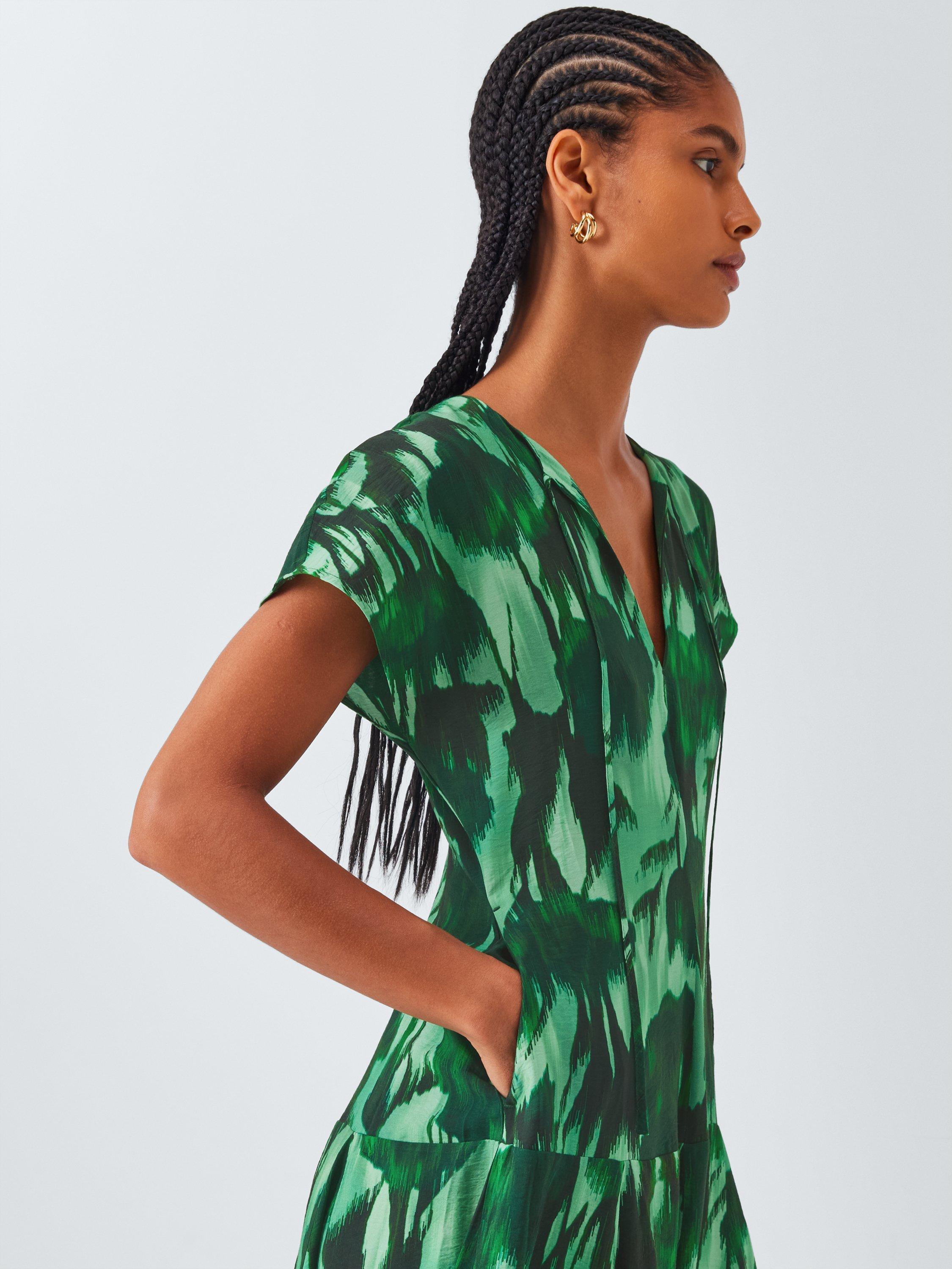 Product image 6 of 6, which shows John Lewis Short Sleeve Tie Neck Abstract Floral Maxi Dress, Green, 8