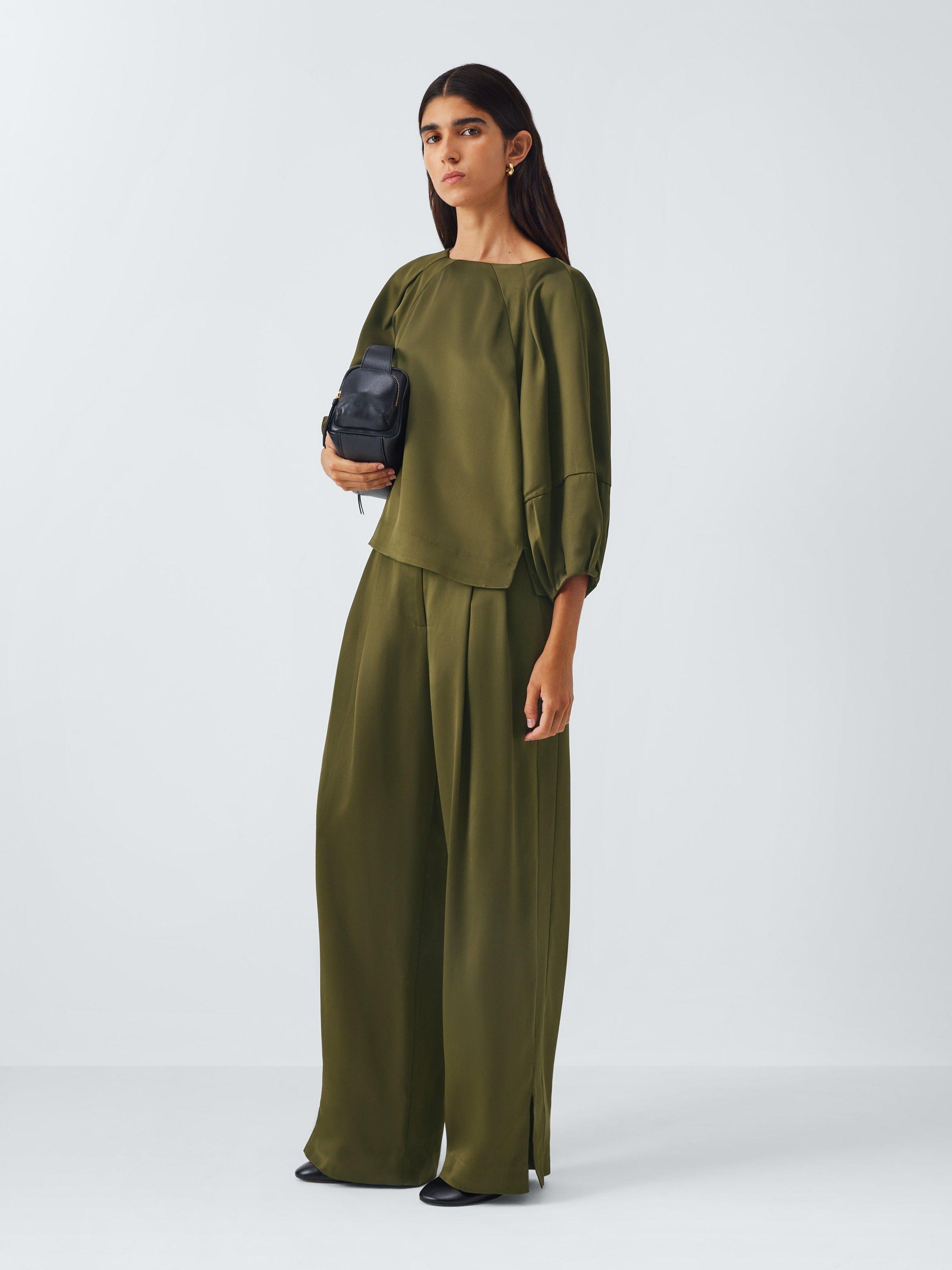 Product image 3 of 6, which shows John Lewis Pleat Satin Trousers, Dk Olive, 6
