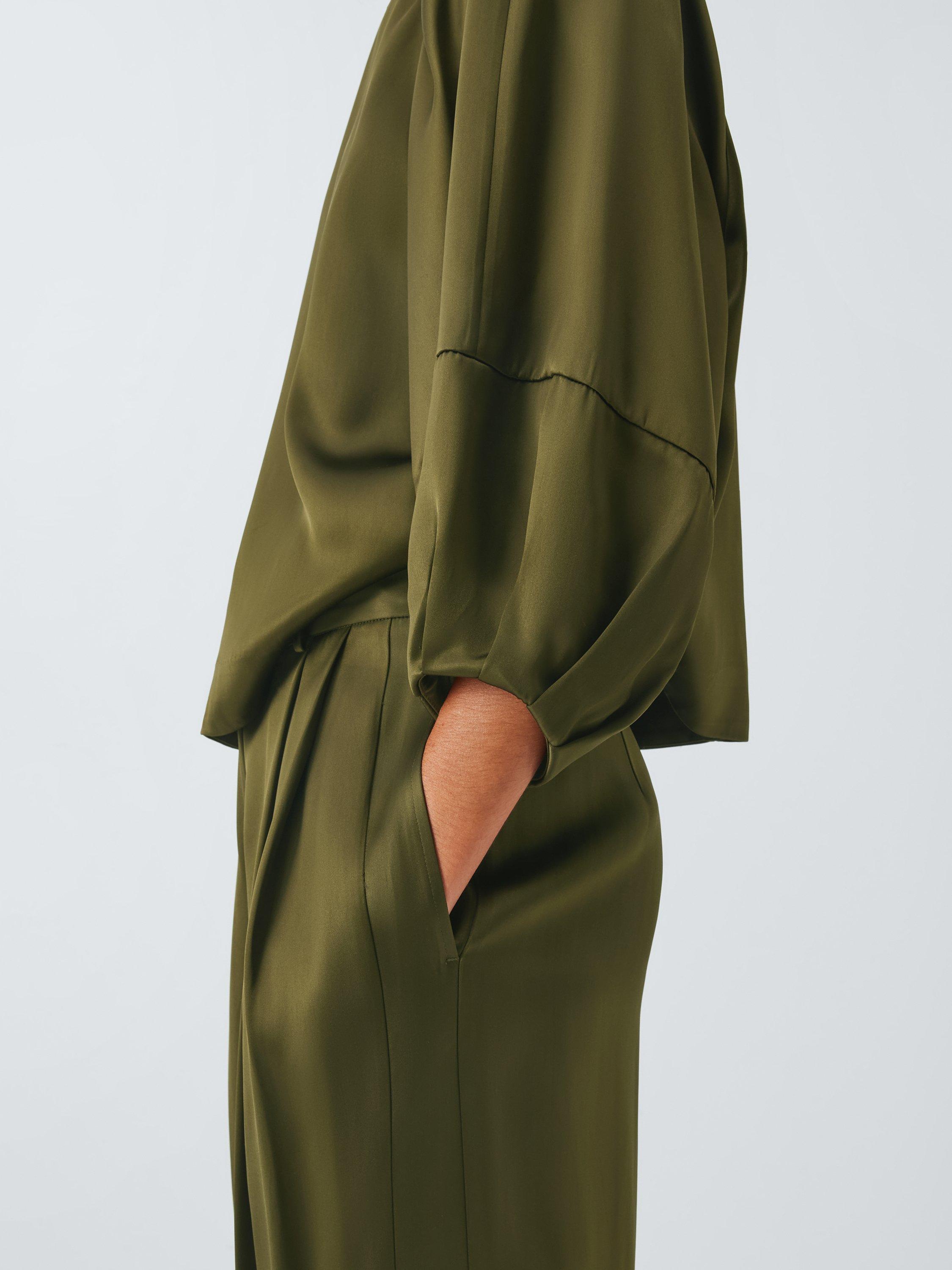 Product image 6 of 6, which shows John Lewis Pleat Satin Trousers, Dk Olive, 6