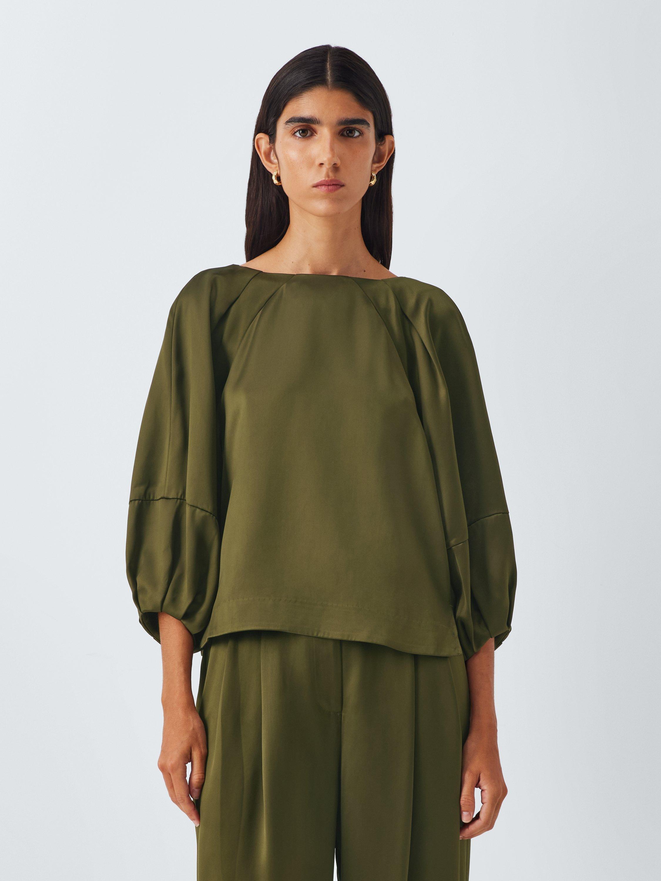 Product image 1 of 6, which shows John Lewis Balloon Sleeve Satin Top, Dark Olive, 6