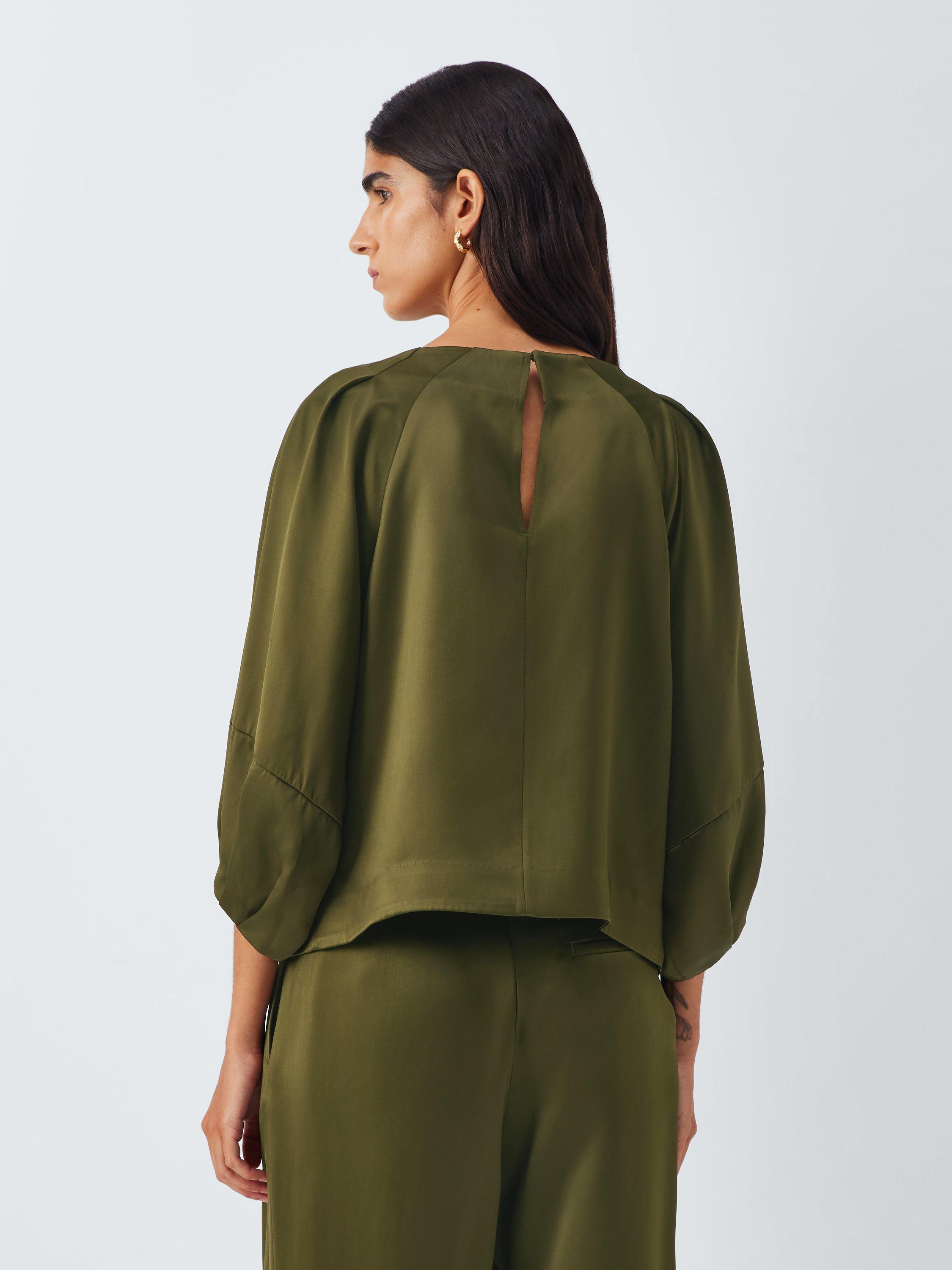 Product image 2 of 6, which shows John Lewis Balloon Sleeve Satin Top, Dark Olive, 6