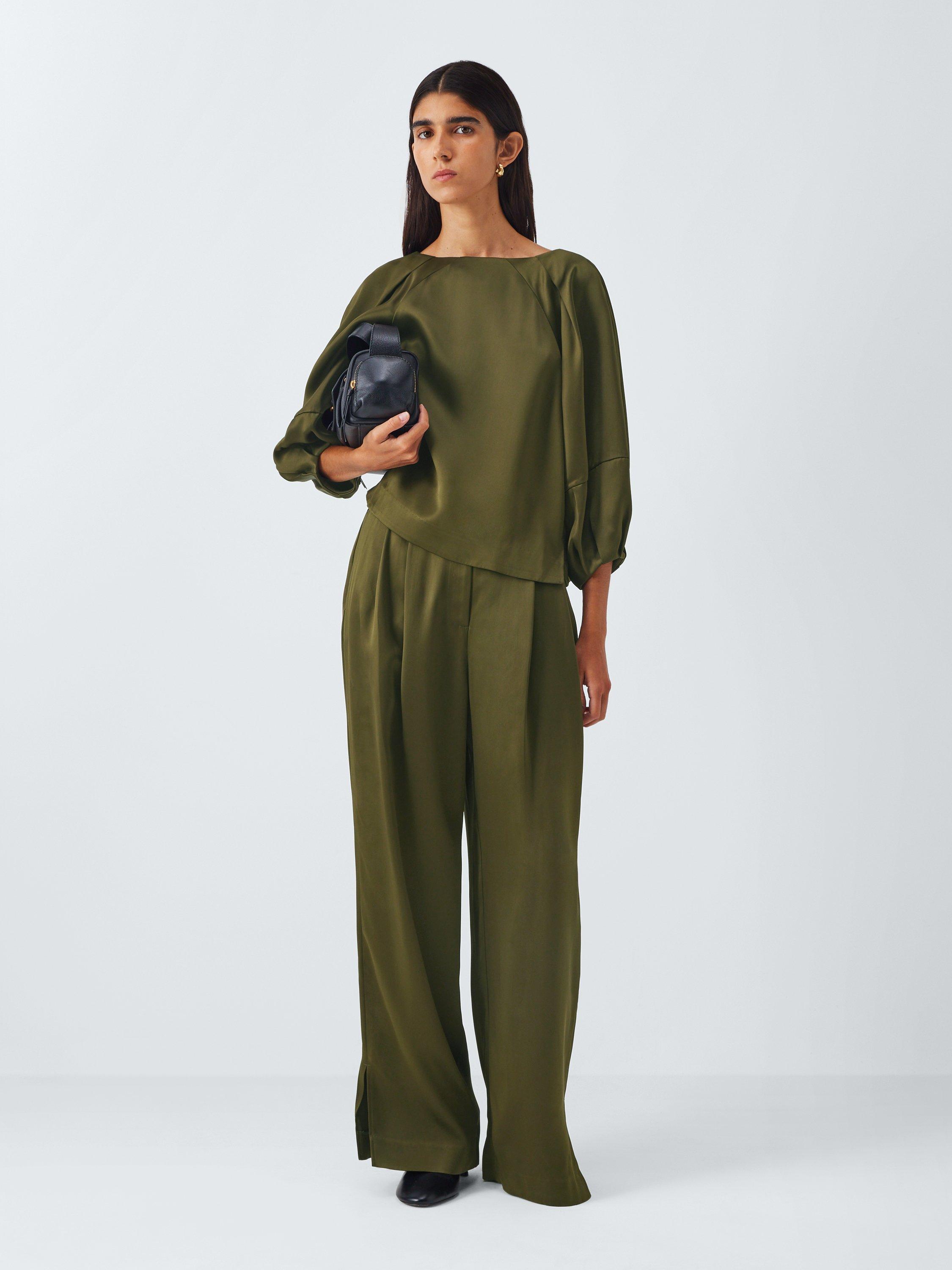 Product image 3 of 6, which shows John Lewis Balloon Sleeve Satin Top, Dark Olive, 6