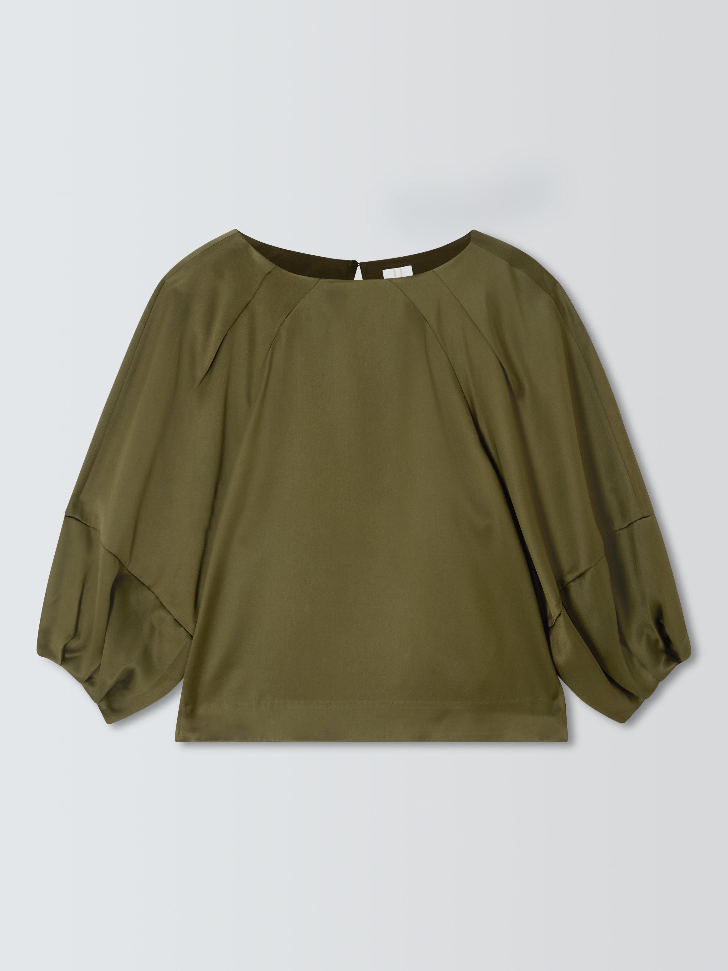 Product image 4 of 6, which shows John Lewis Balloon Sleeve Satin Top, Dark Olive, 6