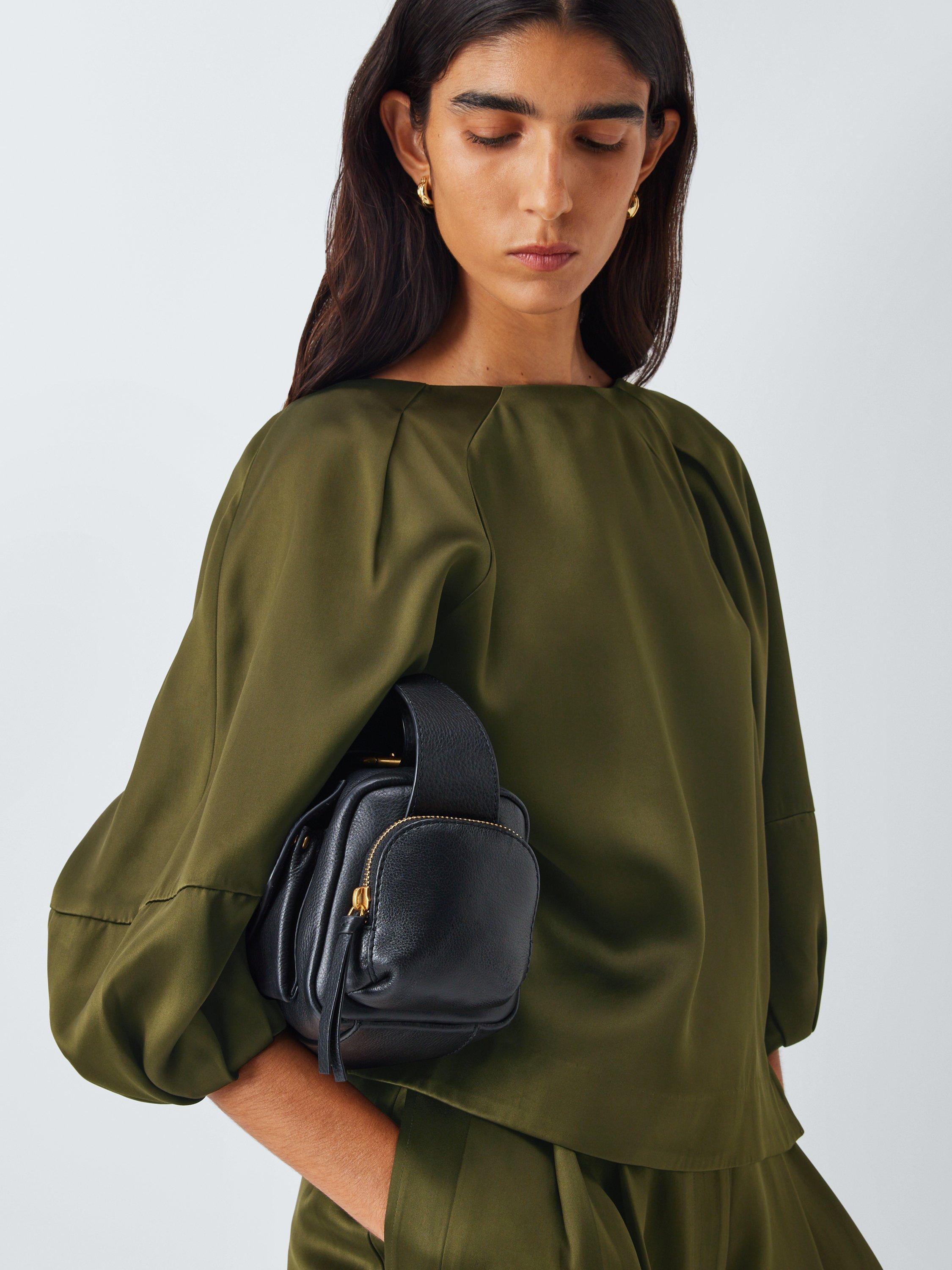Product image 5 of 6, which shows John Lewis Balloon Sleeve Satin Top, Dark Olive, 6