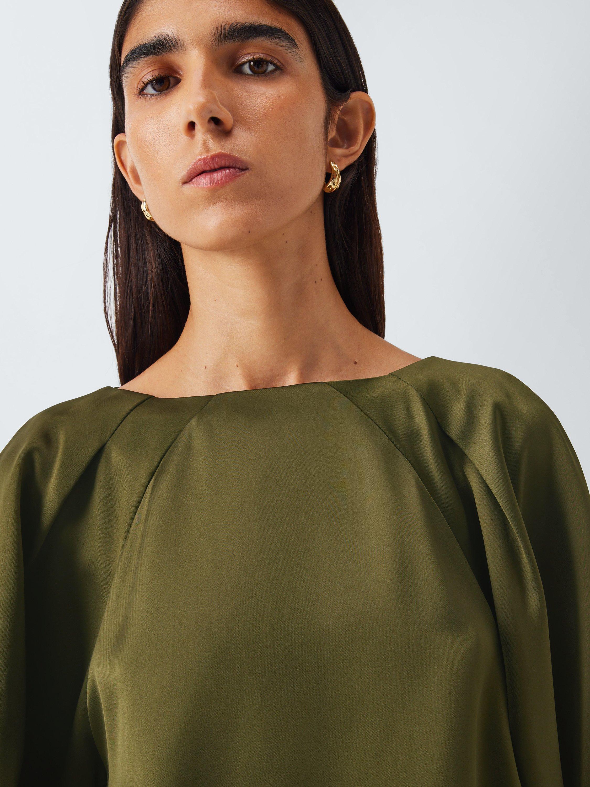 Product image 6 of 6, which shows John Lewis Balloon Sleeve Satin Top, Dark Olive, 6