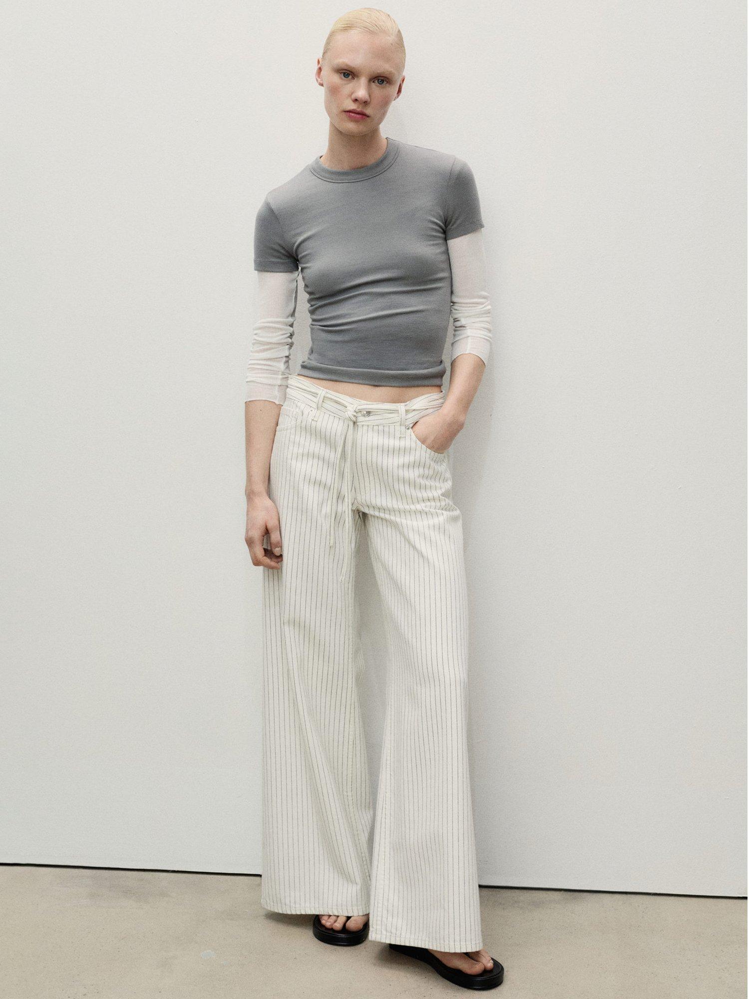Product image 2 of 7, which shows Mango Olivia Stripe Wide Leg Jeans, Natural White, 14