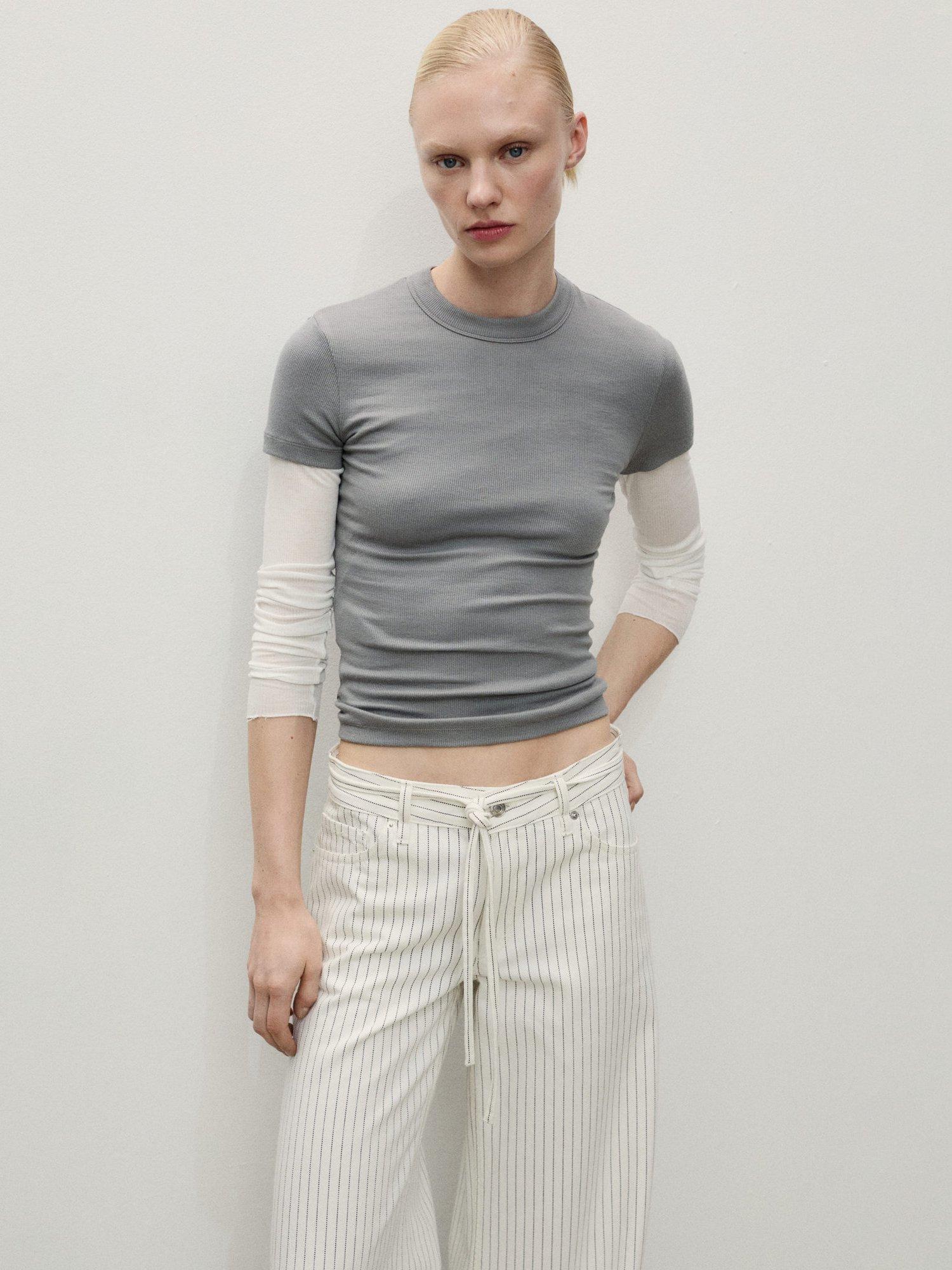 Product image 6 of 7, which shows Mango Olivia Stripe Wide Leg Jeans, Natural White, 14