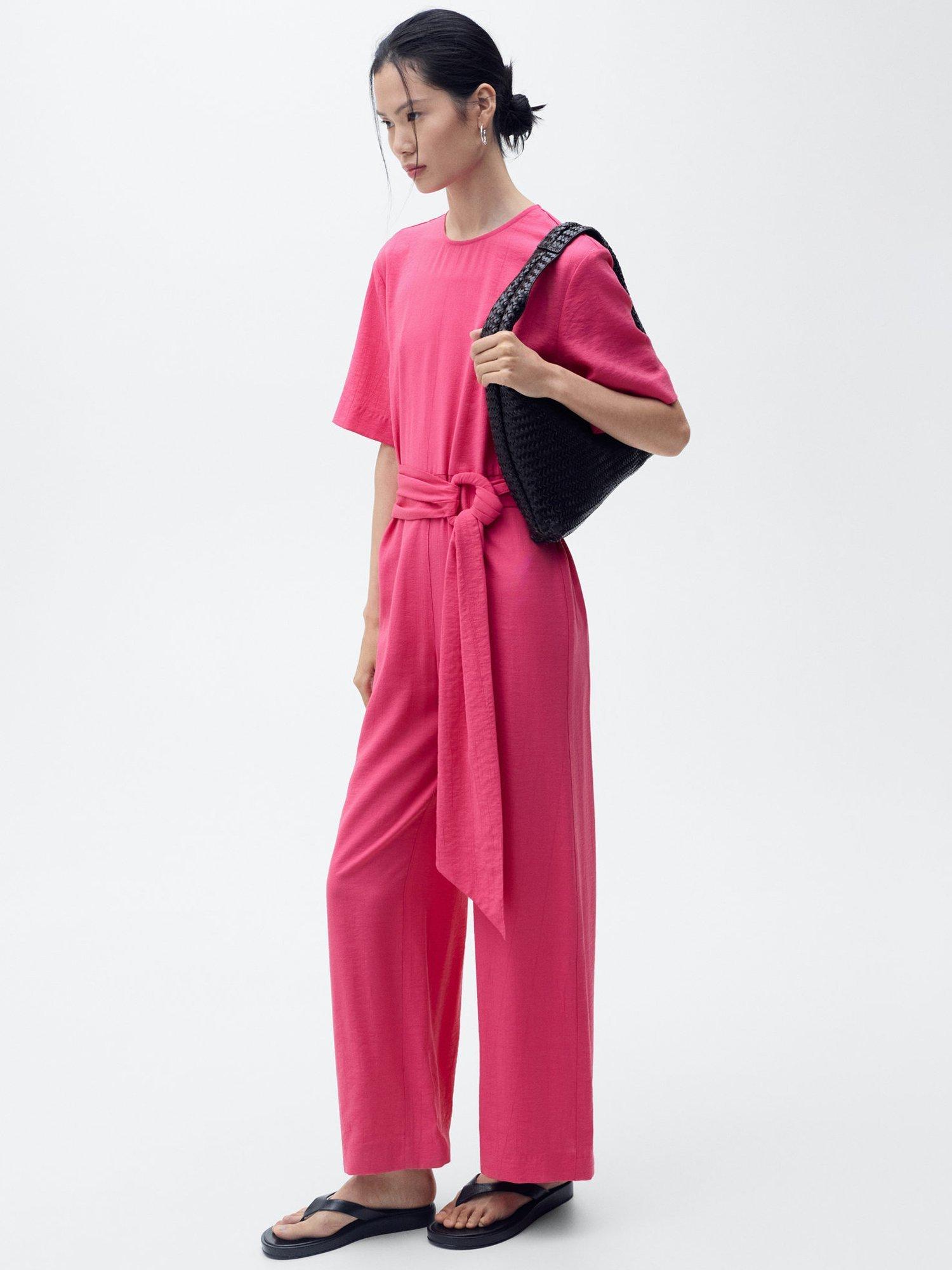 Product image 2 of 7, which shows Mango Japo Belted Wide Leg Jumpsuit, Bright Pink, XXS
