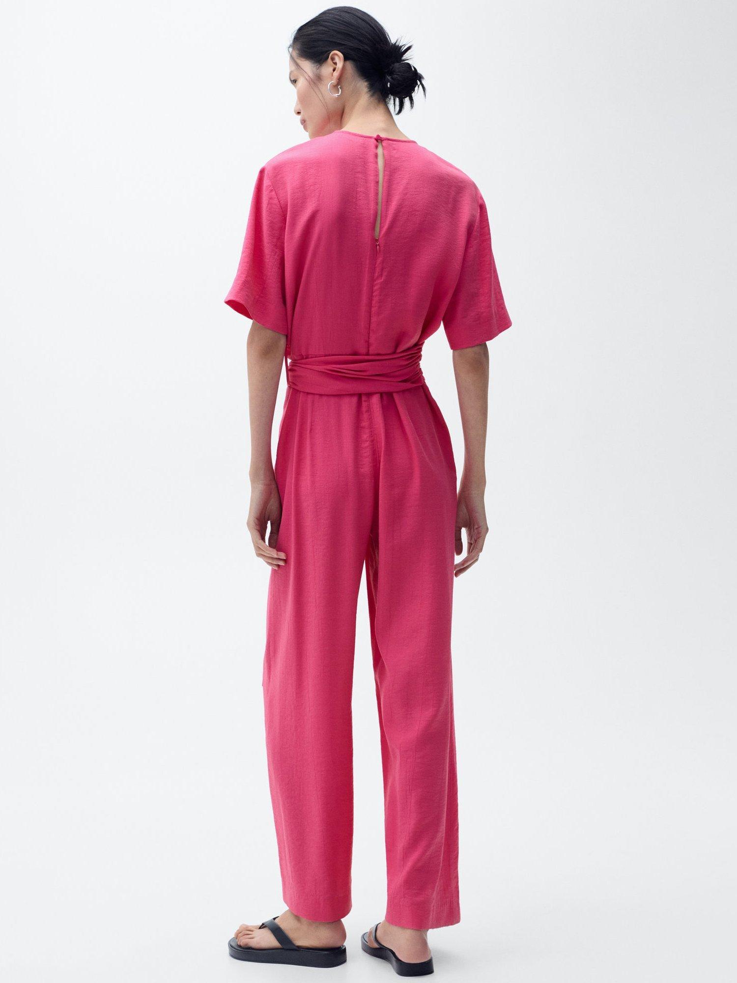 Product image 4 of 7, which shows Mango Japo Belted Wide Leg Jumpsuit, Bright Pink, XXS