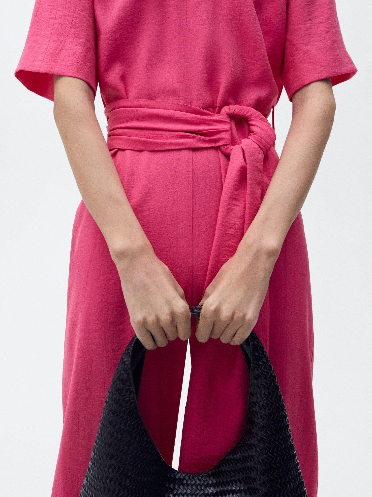 Product image 6 of 7, which shows Mango Japo Belted Wide Leg Jumpsuit, Bright Pink, XXS