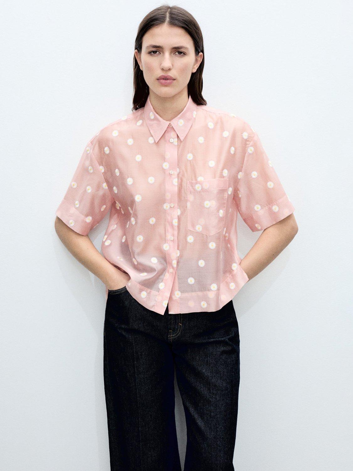 Product image 1 of 7, which shows Mango Cuba Floral Embroidered Short Sleeve Shirt, Pastel Pink, 10