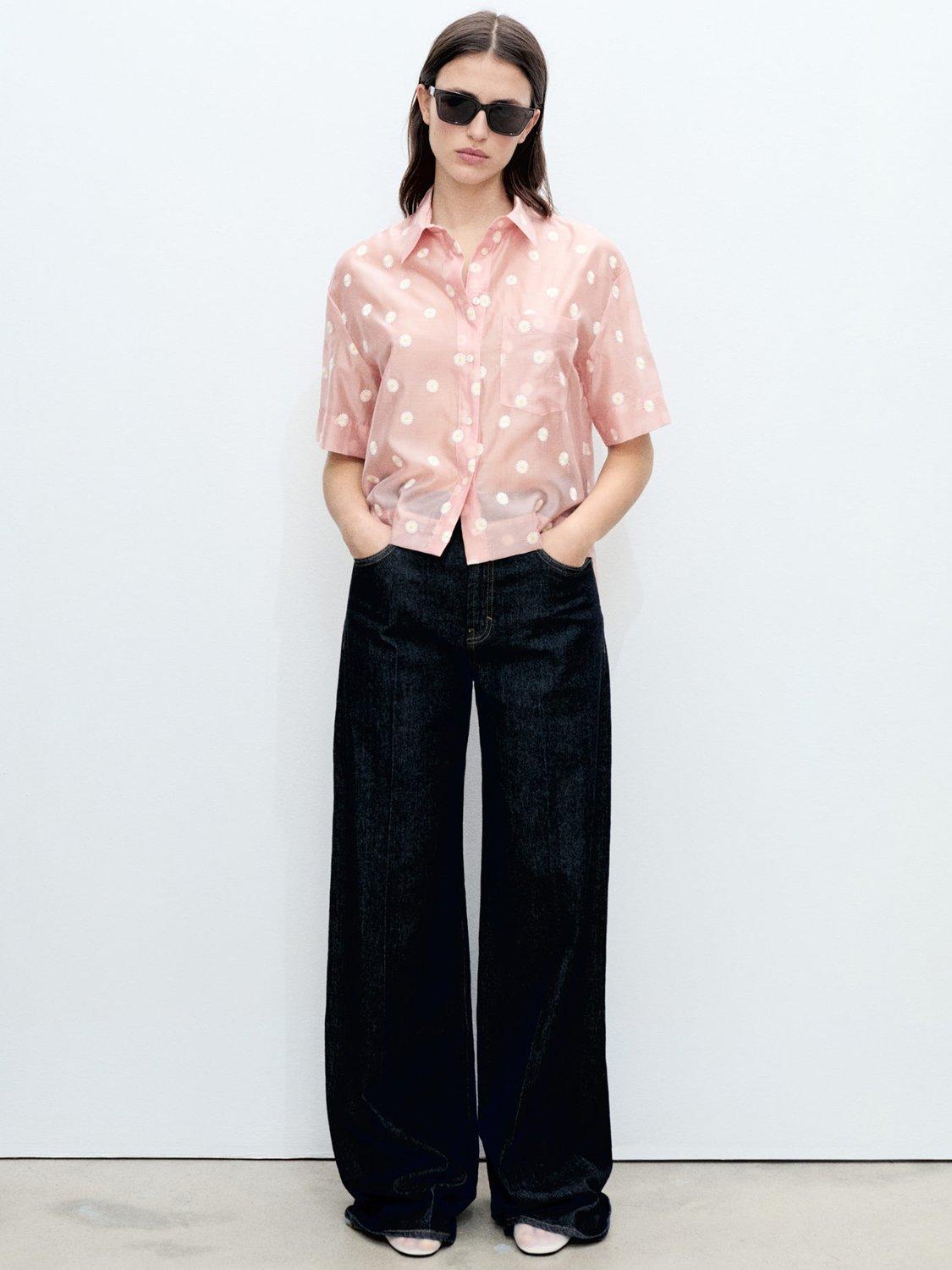 Product image 2 of 7, which shows Mango Cuba Floral Embroidered Short Sleeve Shirt, Pastel Pink, 10
