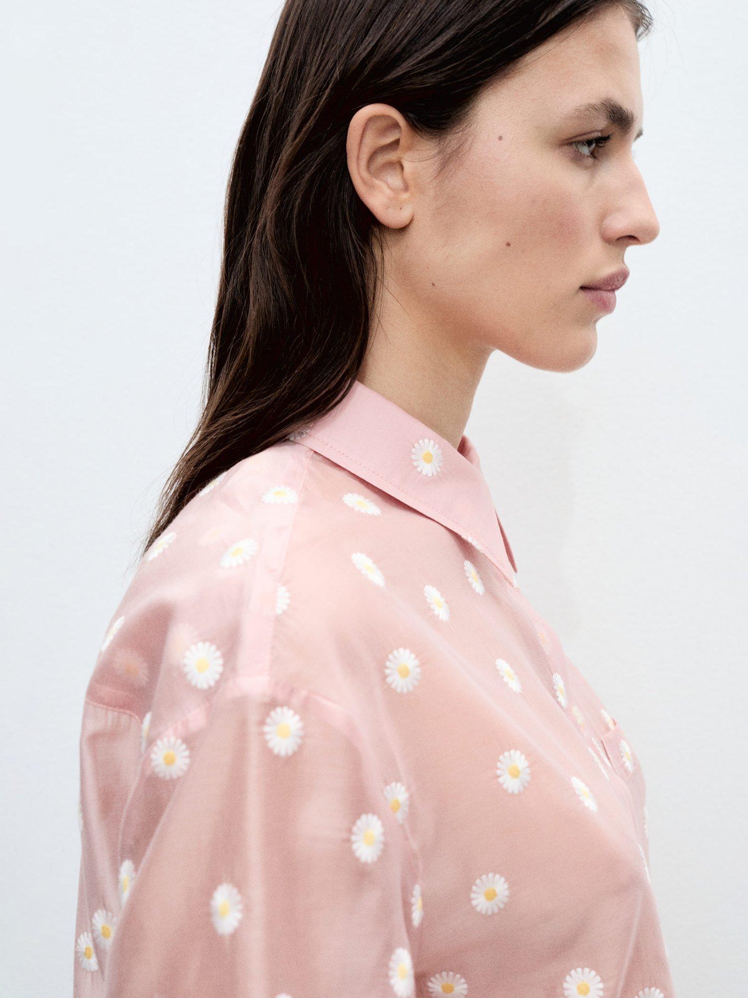 Product image 6 of 7, which shows Mango Cuba Floral Embroidered Short Sleeve Shirt, Pastel Pink, 10