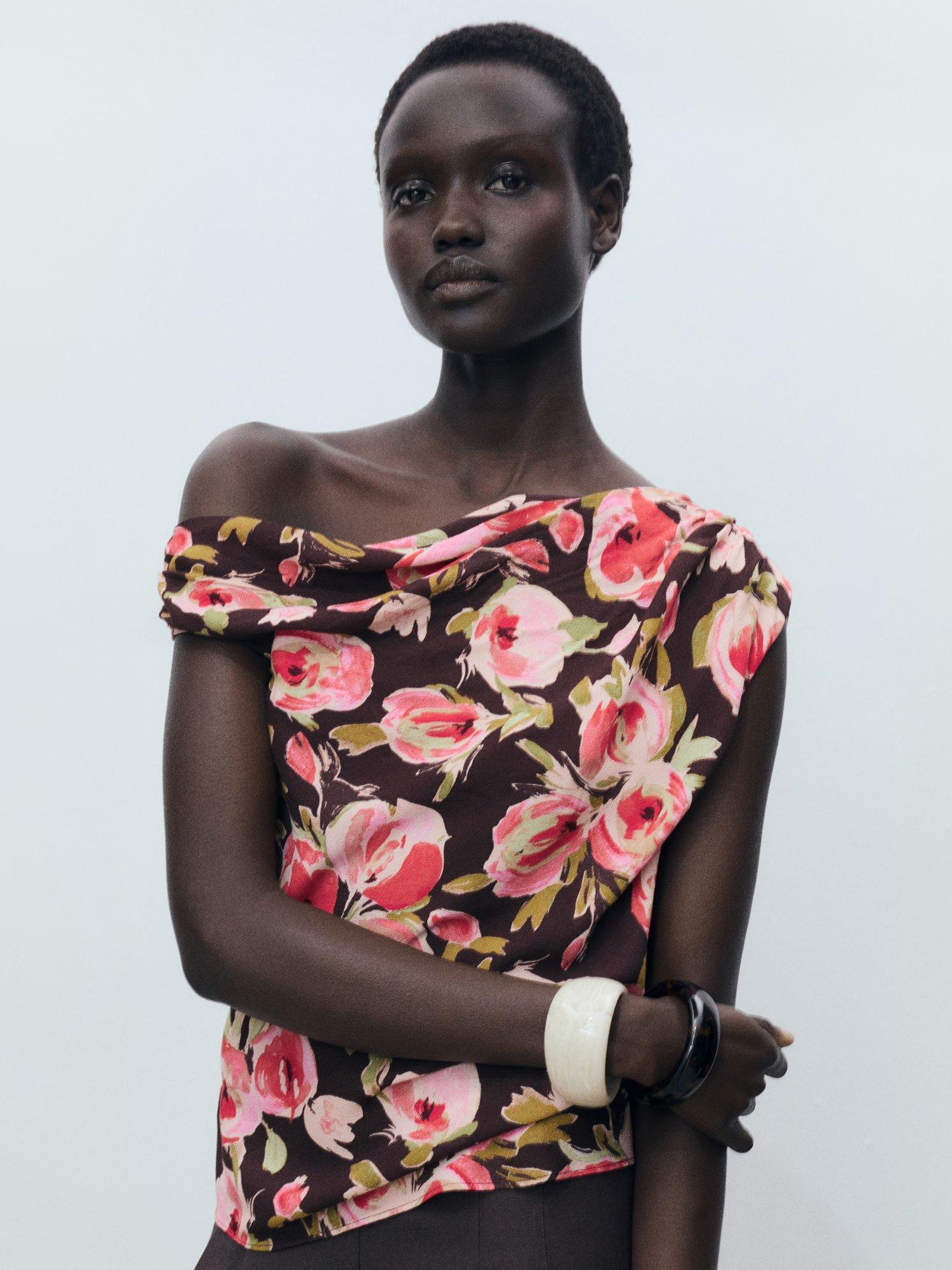 Product image 1 of 7, which shows Mango Winner Sleeveless Asymmetric Floral Blouse, Brown/Multi, 10
