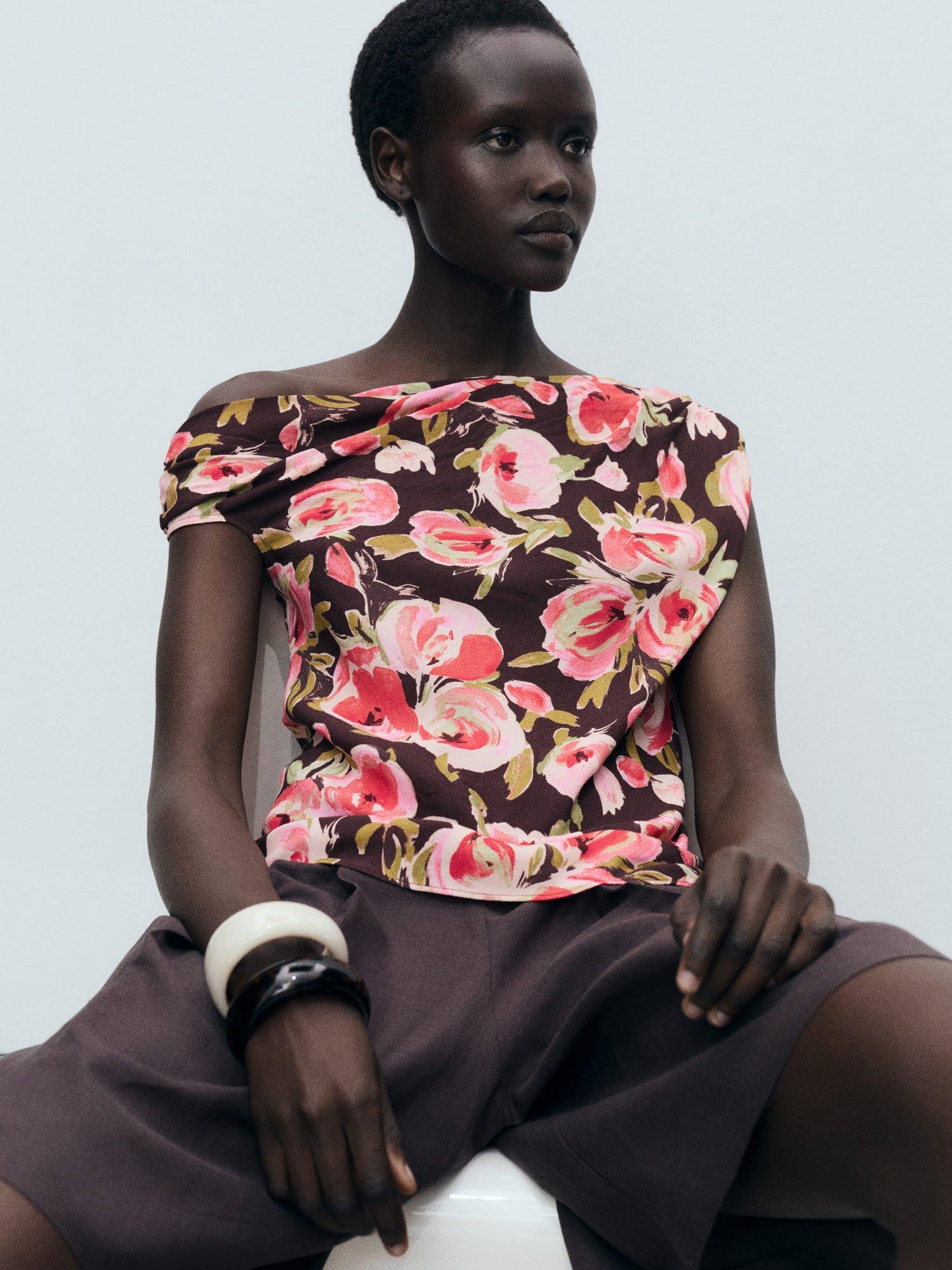 Product image 6 of 7, which shows Mango Winner Sleeveless Asymmetric Floral Blouse, Brown/Multi, 10