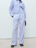 Mango Maneli Stripe Linen Blend Straight Leg Trousers, Medium Blue