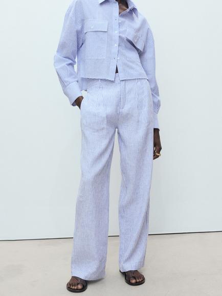 Mango Maneli Stripe Linen Blend Straight Leg Trousers, Medium Blue, Medium Blue
