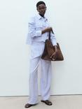 Mango Maneli Stripe Linen Blend Straight Leg Trousers, Medium Blue