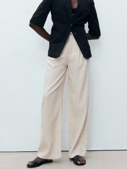 Mango Maneli Linen Blend Straight Leg Trousers, Beige, Beige