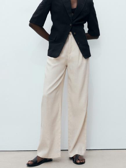 Mango Maneli Linen Blend Straight Leg Trousers, Beige, Beige