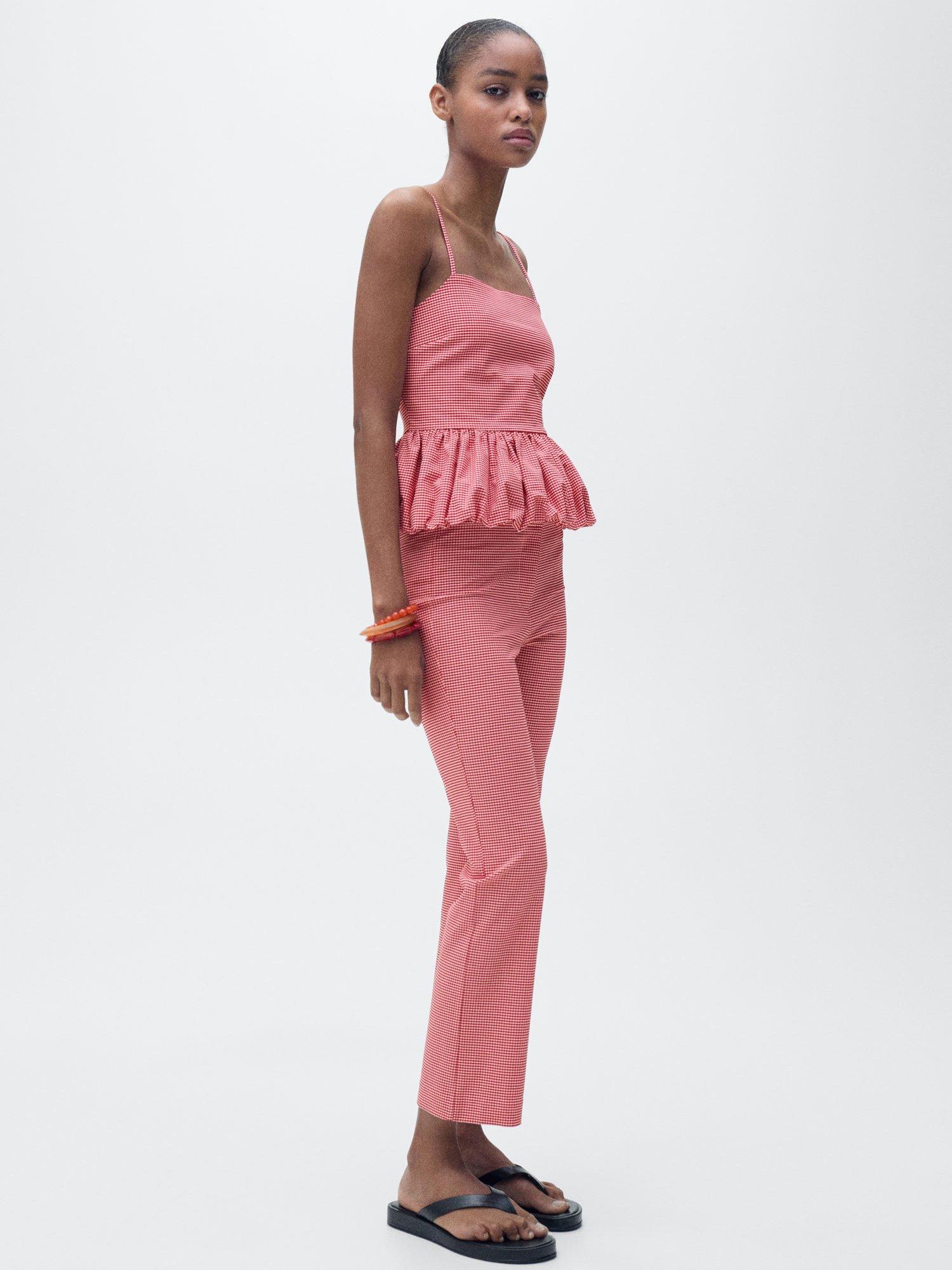 Product image 2 of 7, which shows Mango Vicky Gingham Straight Leg Trousers, Red, L