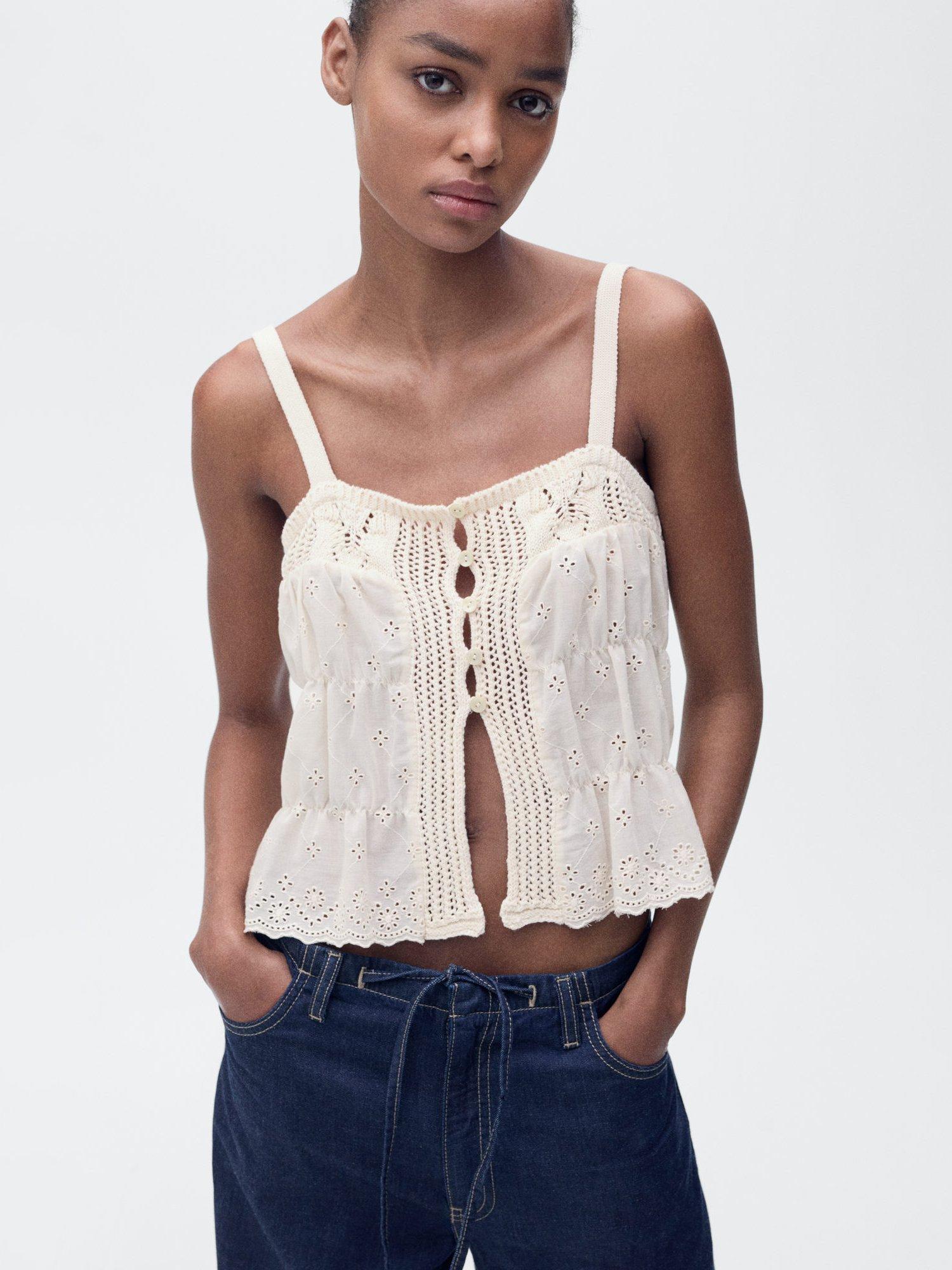 Product image 1 of 8, which shows Mango Coqueto Embroidered Cami Top, Light Beige, L
