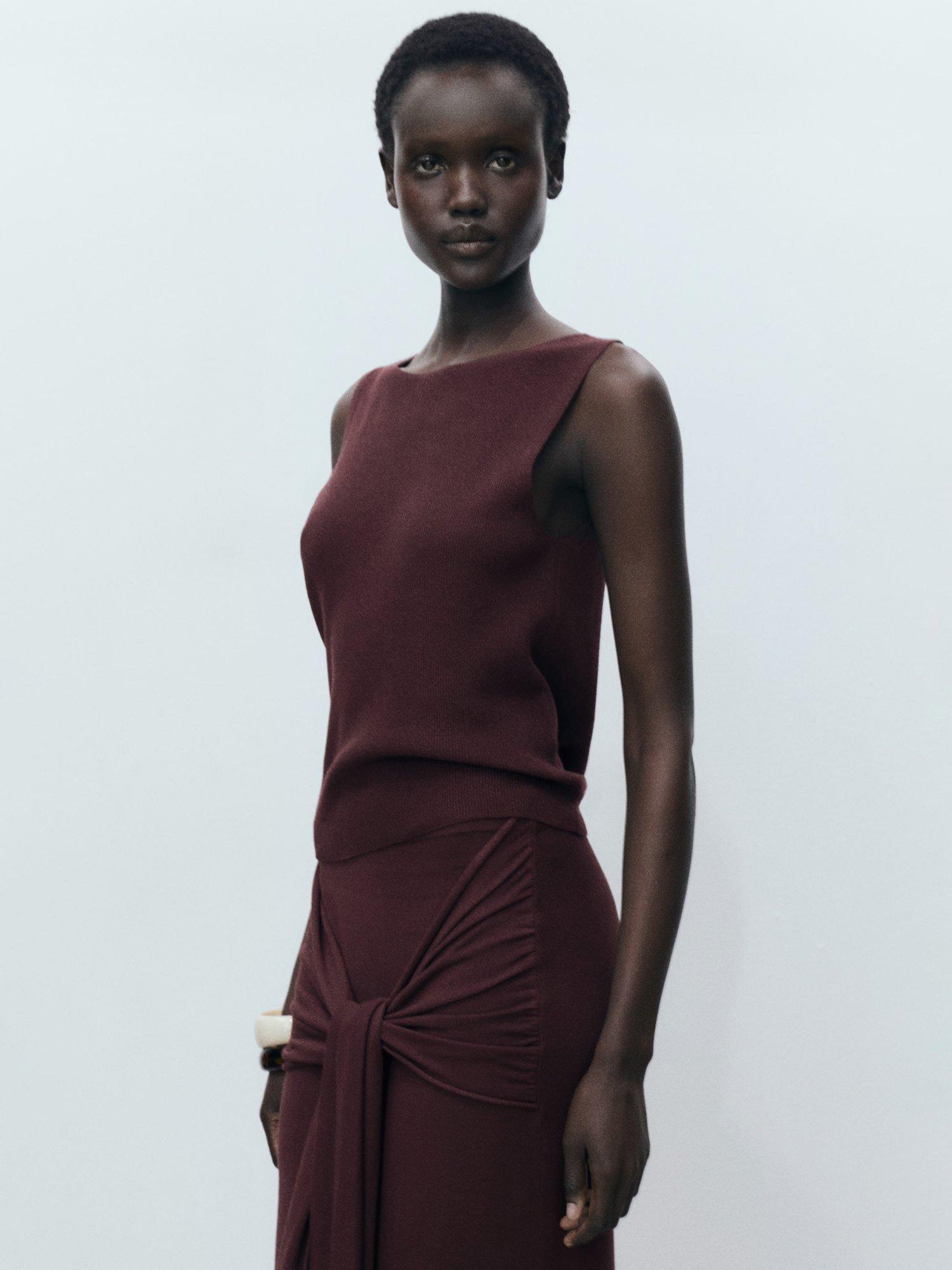 Product image 1 of 8, which shows Mango Benedit Fine Knit Sleeveless Top, Dark Brown, 6|8