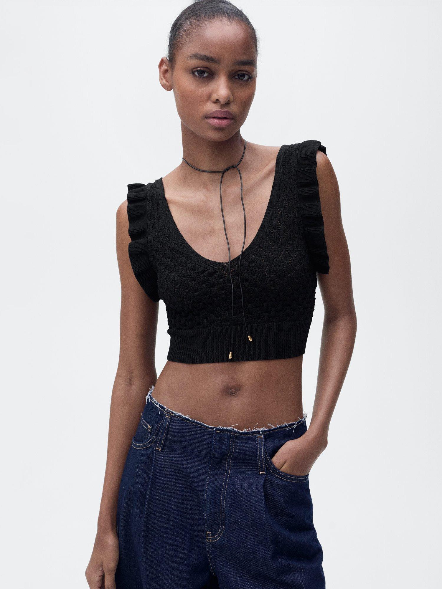 Product image 1 of 4, which shows Mango Repipi Sleeveless Crop Top, Black, 14|16