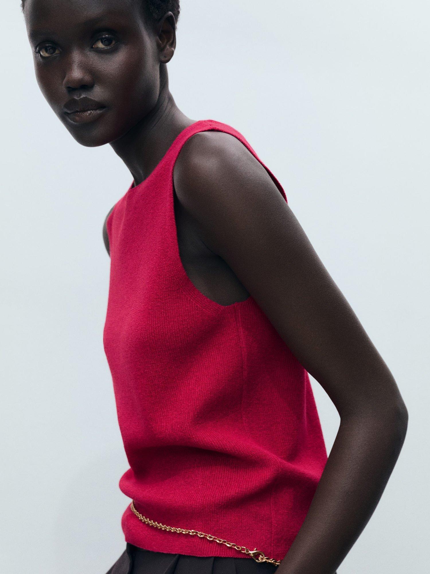 Product image 1 of 8, which shows Mango Benedit Fine Knit Sleeveless Top, Bright Pink, 8|10