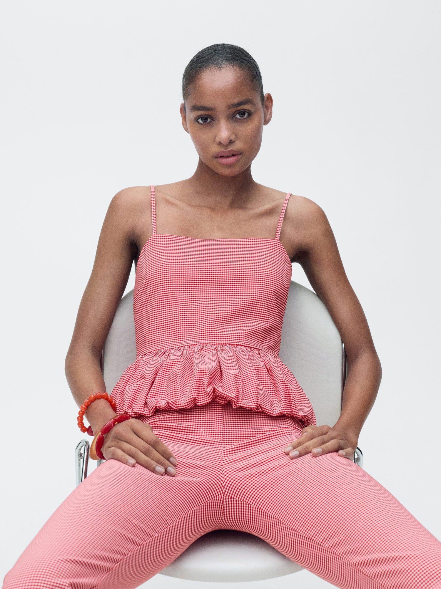 Product image 1 of 8, which shows Mango Vicky Gingham Bubble Peplum Top, Red, XS