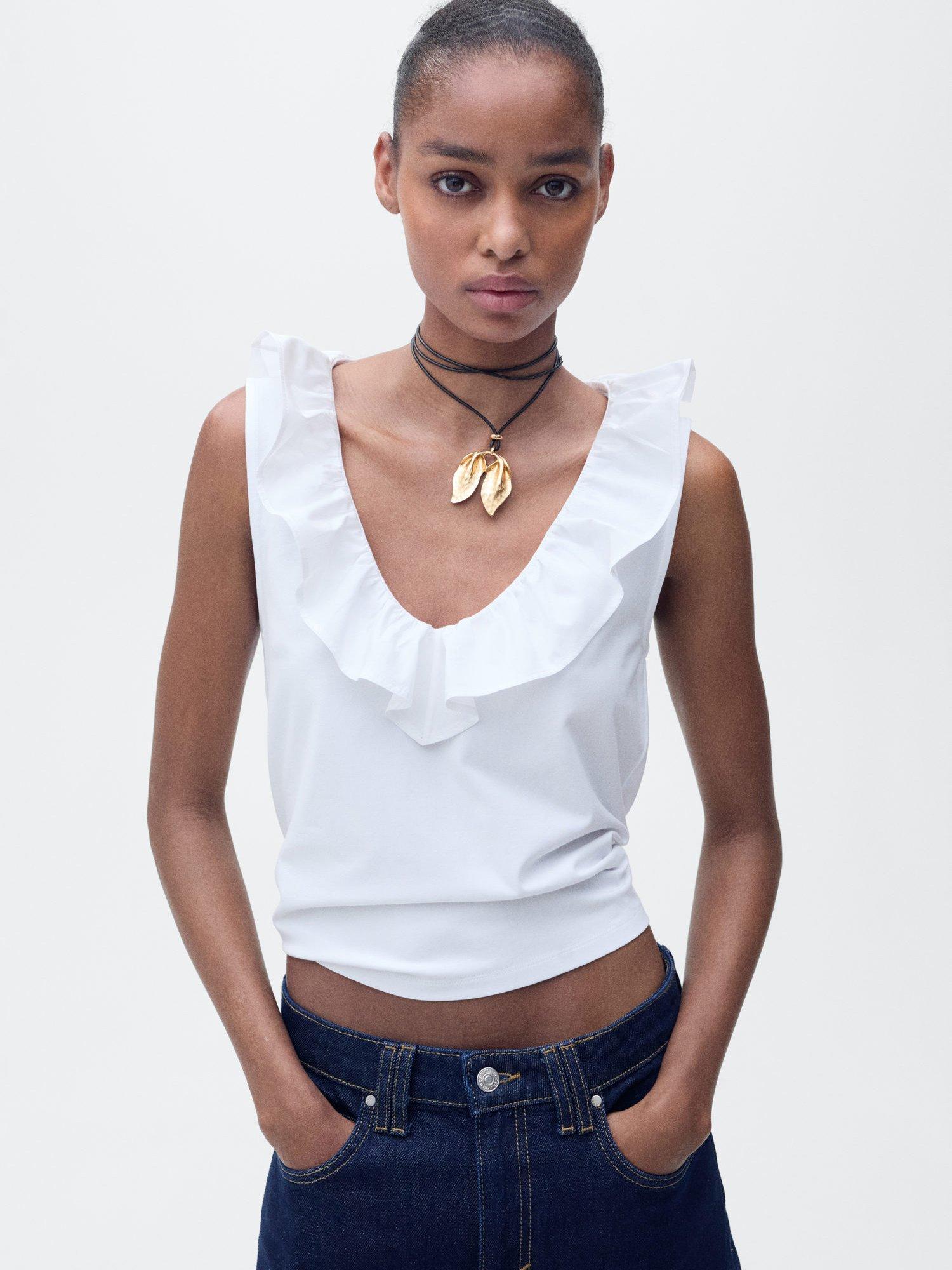 Mango Volant Ruffle V-Neck Sleeveless Top, White