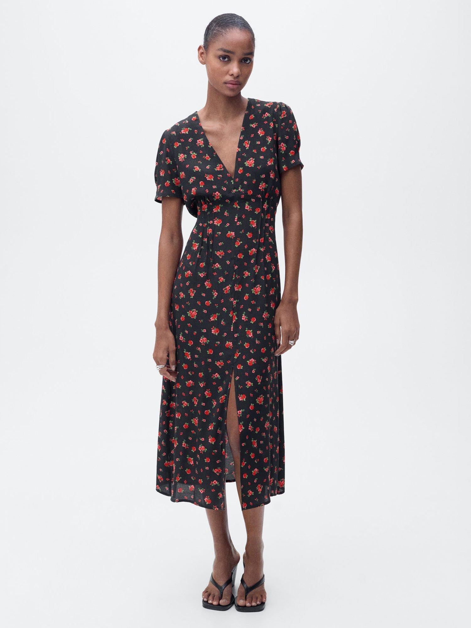 Product image 1 of 7, which shows Mango Gem Floral Midi Tea Dress, Black, 10