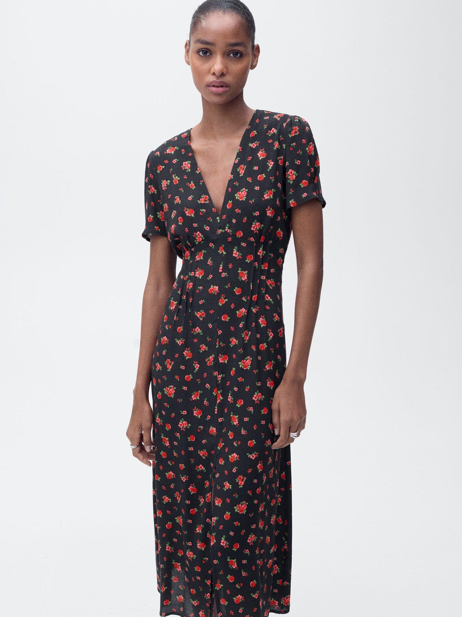 Product image 2 of 7, which shows Mango Gem Floral Midi Tea Dress, Black, 10