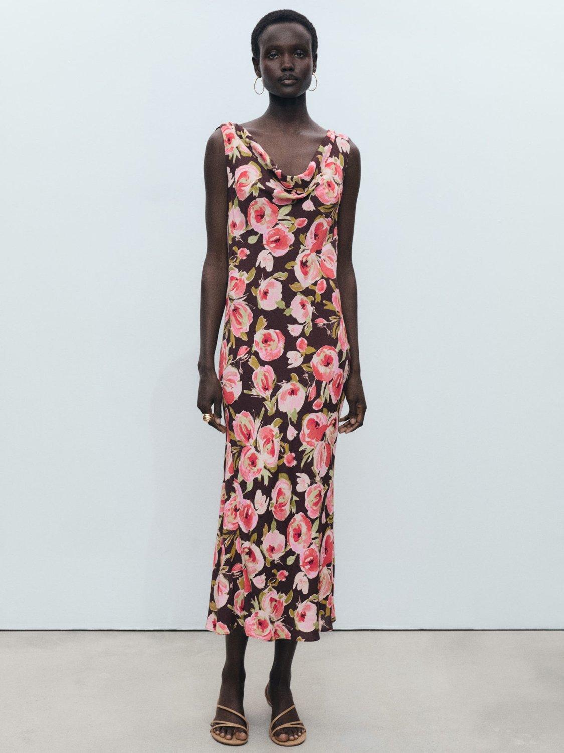 Product image 1 of 7, which shows Mango Winner Open Back Floral Dress, Brown/Multi, 10