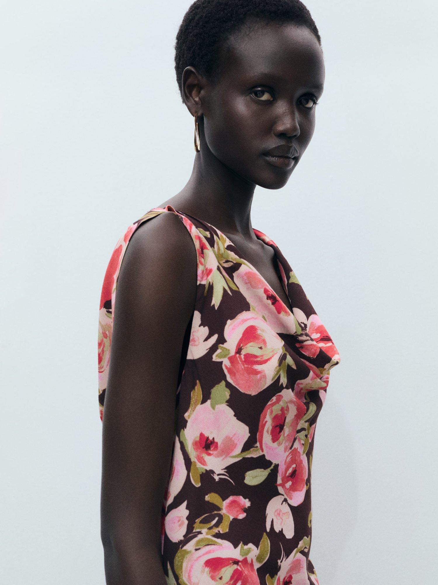 Product image 2 of 7, which shows Mango Winner Open Back Floral Dress, Brown/Multi, 10