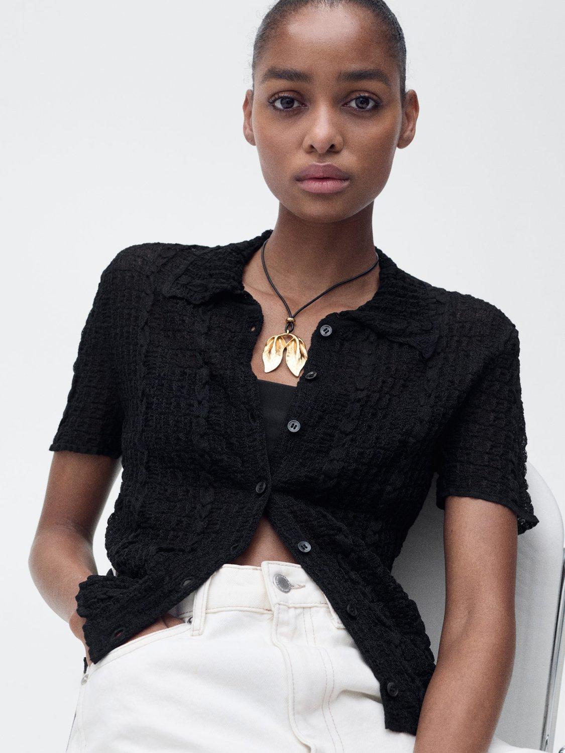 Product image 6 of 7, which shows Mango Olas Textured Short Sleeve Shirt, Black, S