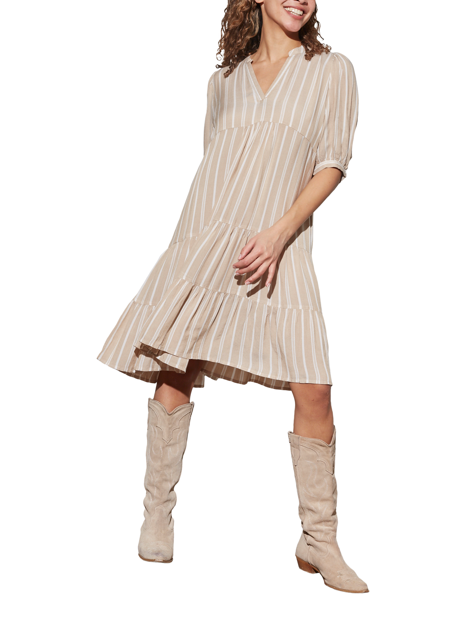 Product image 1 of 4, which shows Sisters Point Ibon Stripe Tiered Dress, Natural/Multi, XS