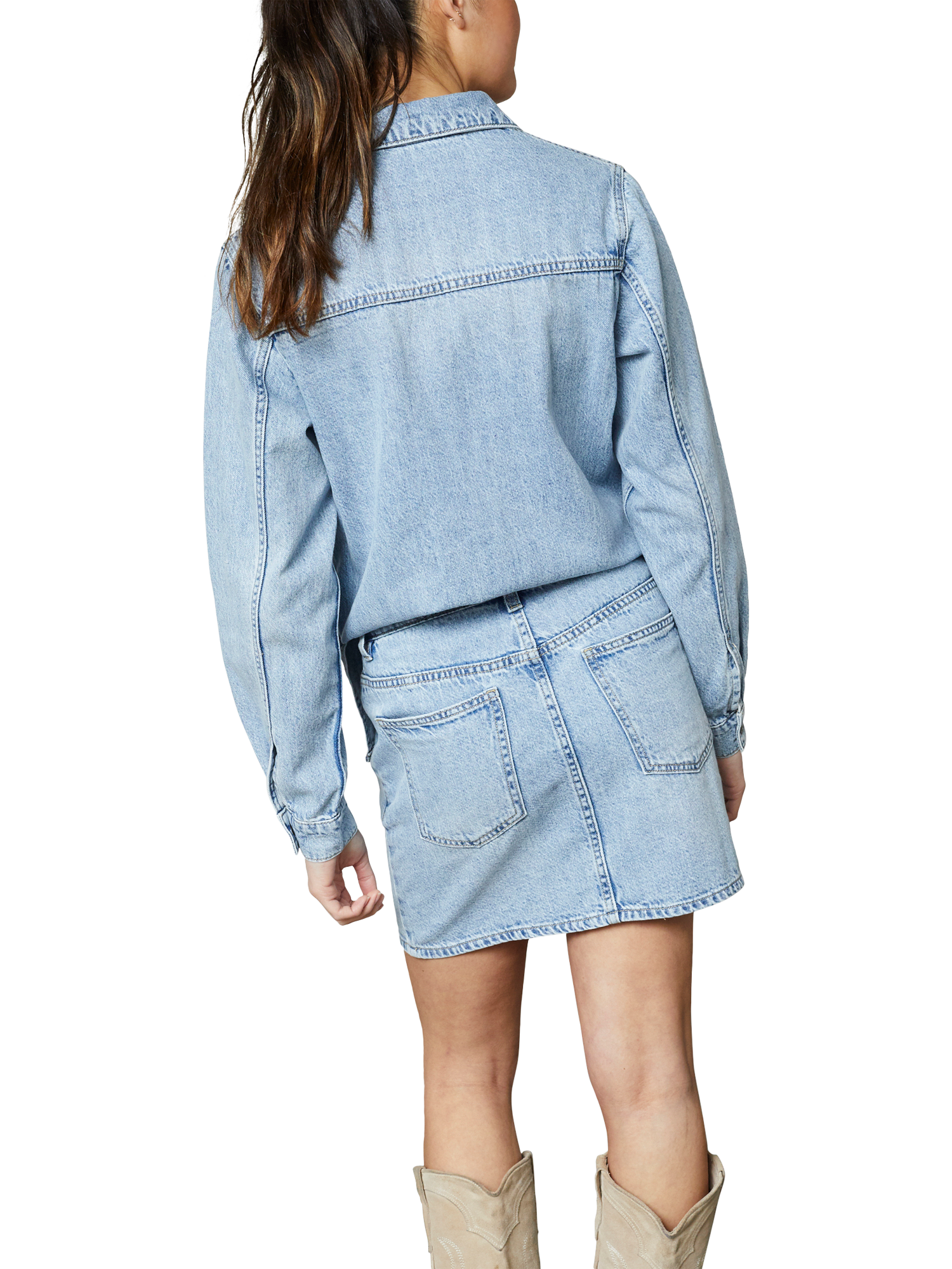 Product image 2 of 4, which shows Sisters Point Odia Denim Top & Skirt Set, Mid Blue, S