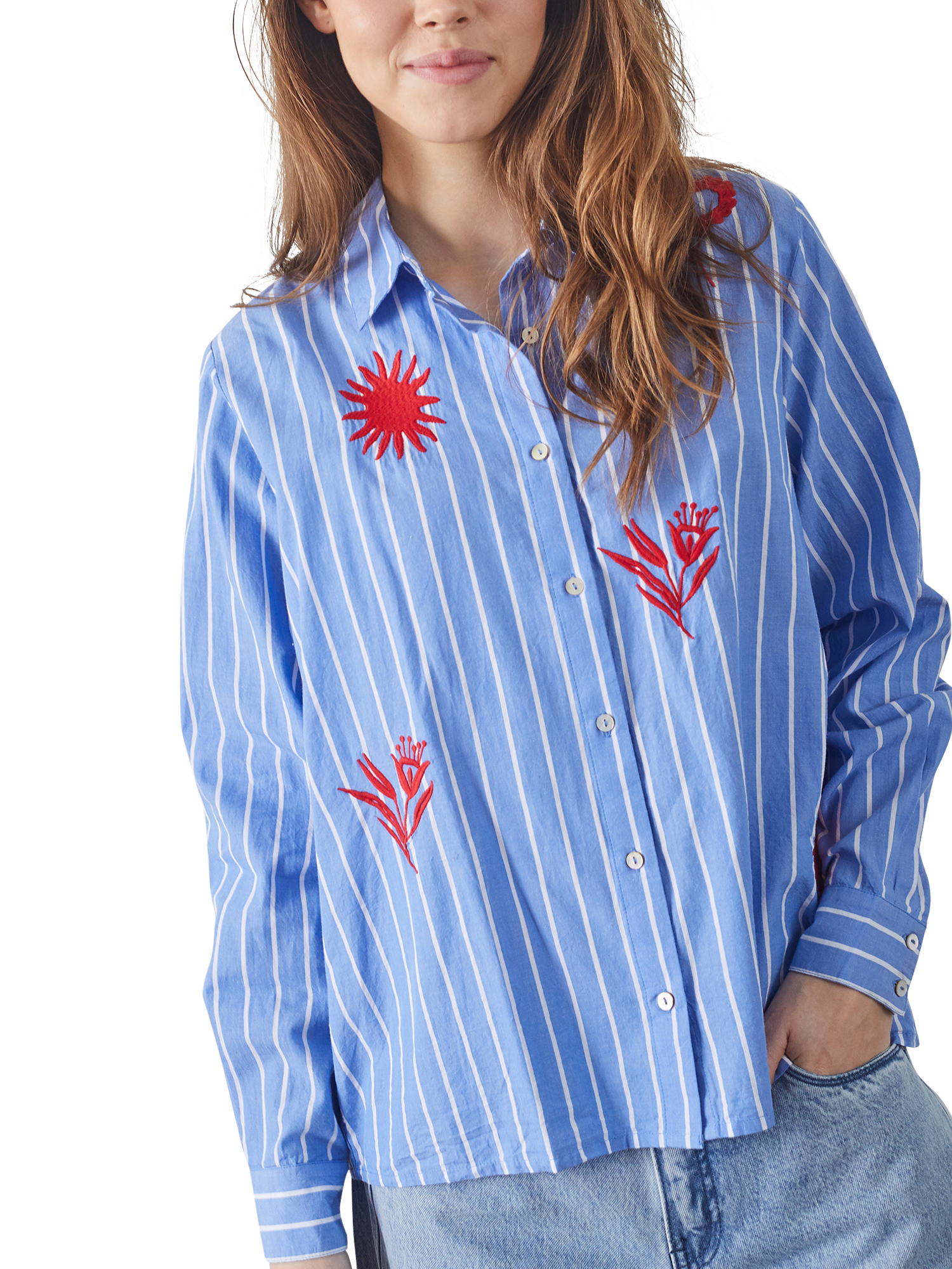 Product image 1 of 4, which shows Sisters Point Ibisa Stripe Embroidered Floral Shirt, Blue/Multi, XS