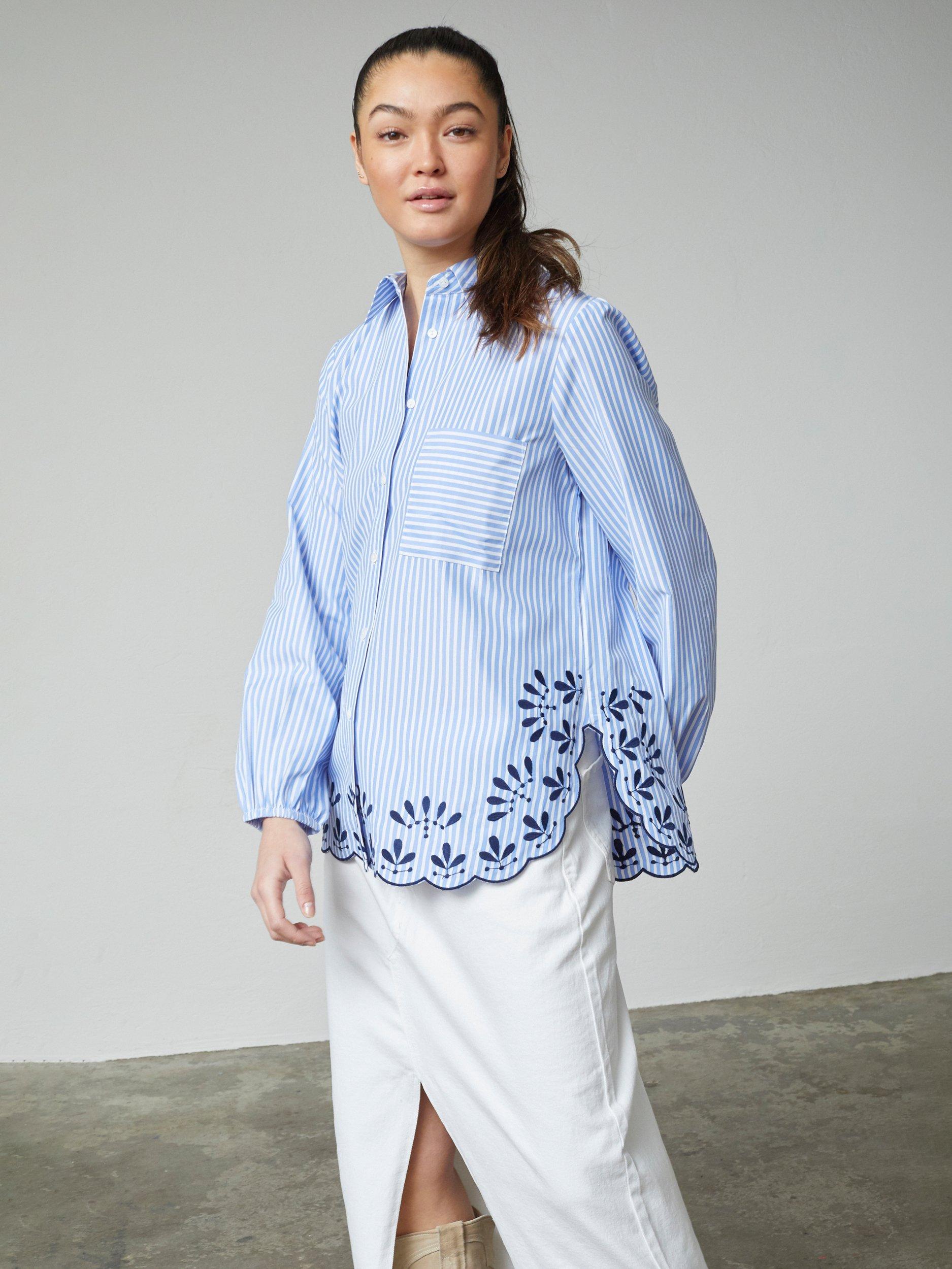 Product image 1 of 4, which shows Sisters Point Istea Embroidered Hem Stripe Shirt, Blue/Multi, S